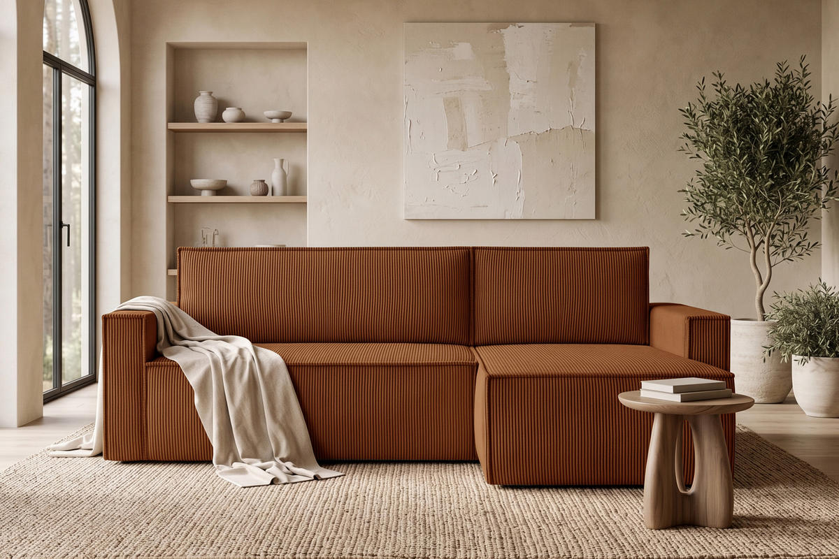 ECKSOFA-LINKS/RECHTS NAPI Schlaffunktion mit Cordbezug, rot - Schwarz/Orange, Textil (246/148cm) - KONSIMO®