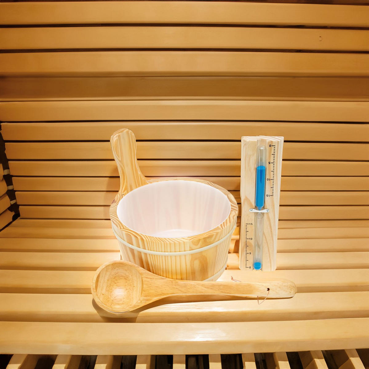 SAUNA ZUBEHÖR SET (3-tlg.) - Braun, Holz (25.3/26.7/25.3cm) - Intirilife