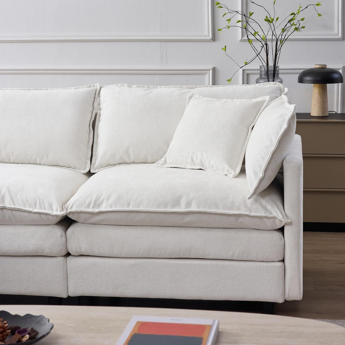 ECKSOFA Chenille Beige mit Hocker und Kissen - Beige, Holzwerkstoff/Kunststoff (267/154cm) - WISHDOR