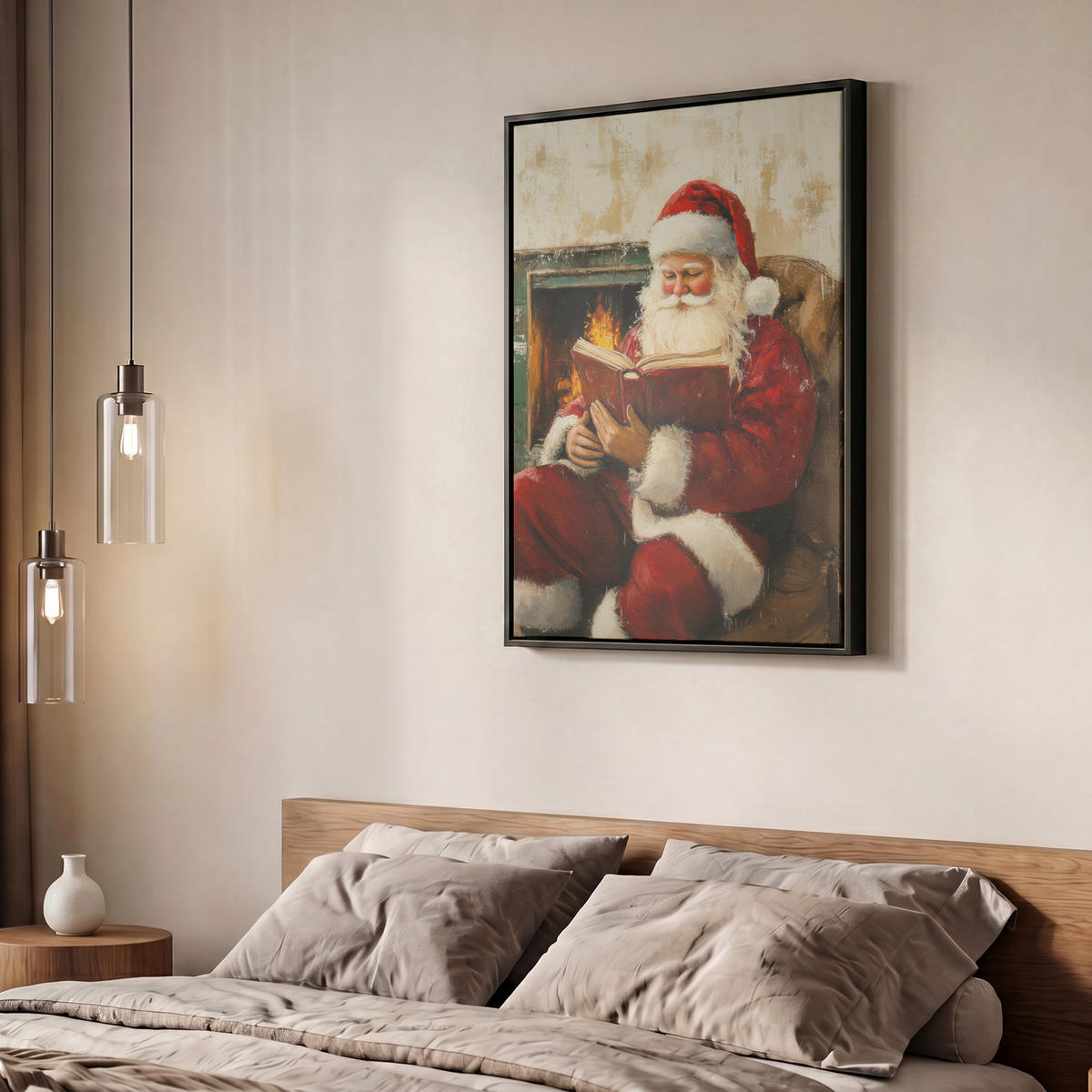 LEINWAND Bilder mit Rahmen - Weihnachten - Weihnachtsmann - Winter - Open Fireside - 60x80 - Dunkelrot, Textil (60/80cm) - MuchoWow