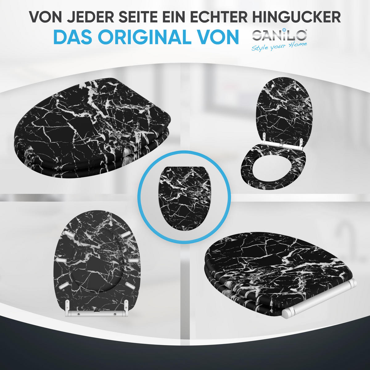 WC-SITZ mit Absenkautomatik & Top Fix Marmor Schwarz - Schwarz, Holzwerkstoff (37.7/5.5/48cm) - Sanilo