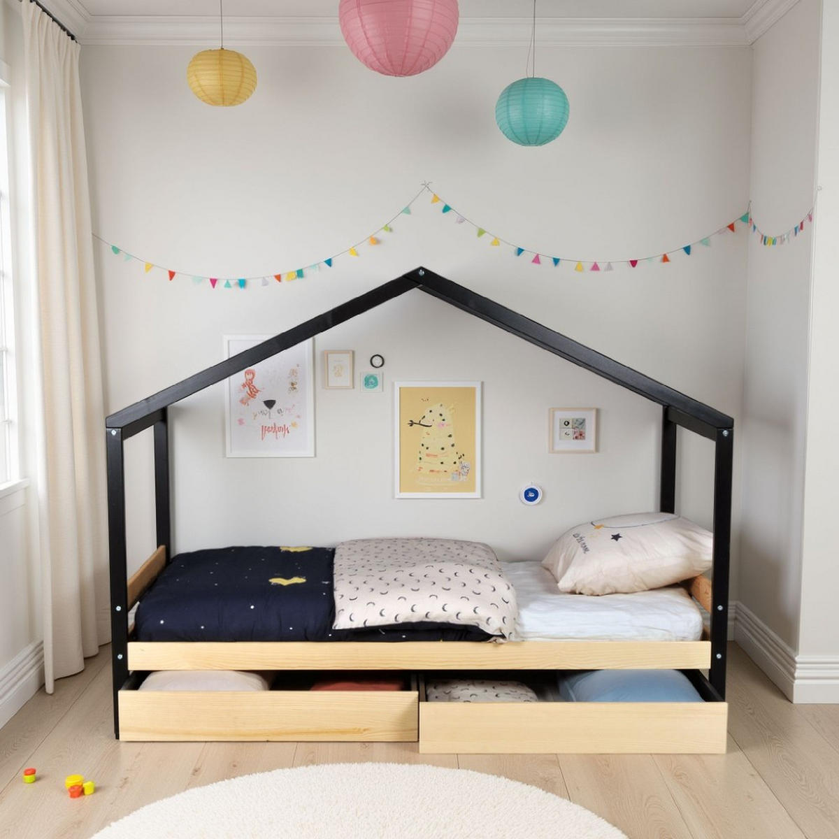 HAUSBETT ETOILE/ SPIELBETT 90x190 + 2 Schubladen - Schwarz und Naturholz - Multicolor, Holz/Holzwerkstoff (90/190cm) - Weber Industries