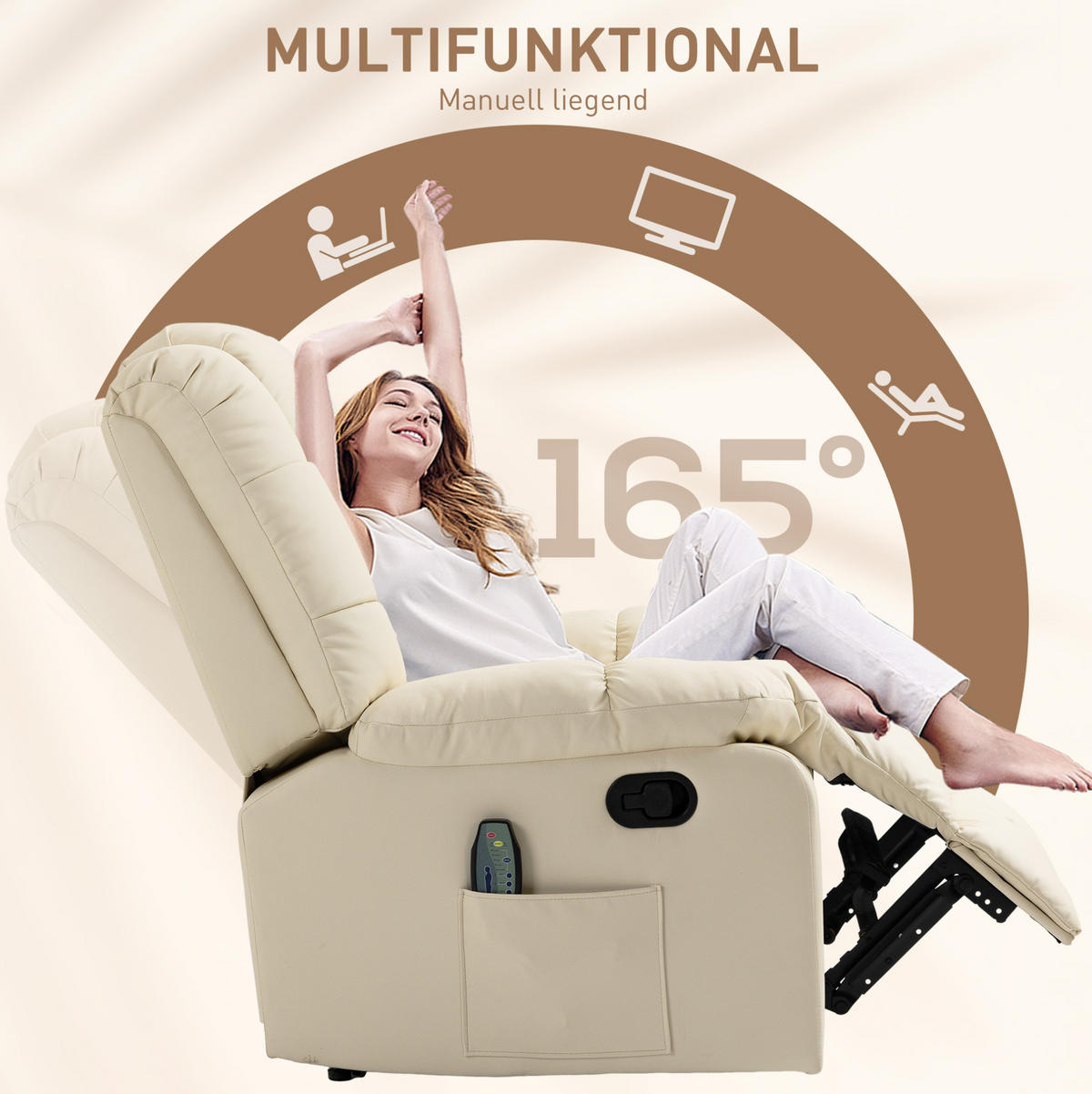 MASSAGESESSEL 94/99/99 cm in Cremeweiß mit Liegefunktion und 8-Punkt-Massage - Creme, Kunststoff (99/99/94cm) - Flora Grace