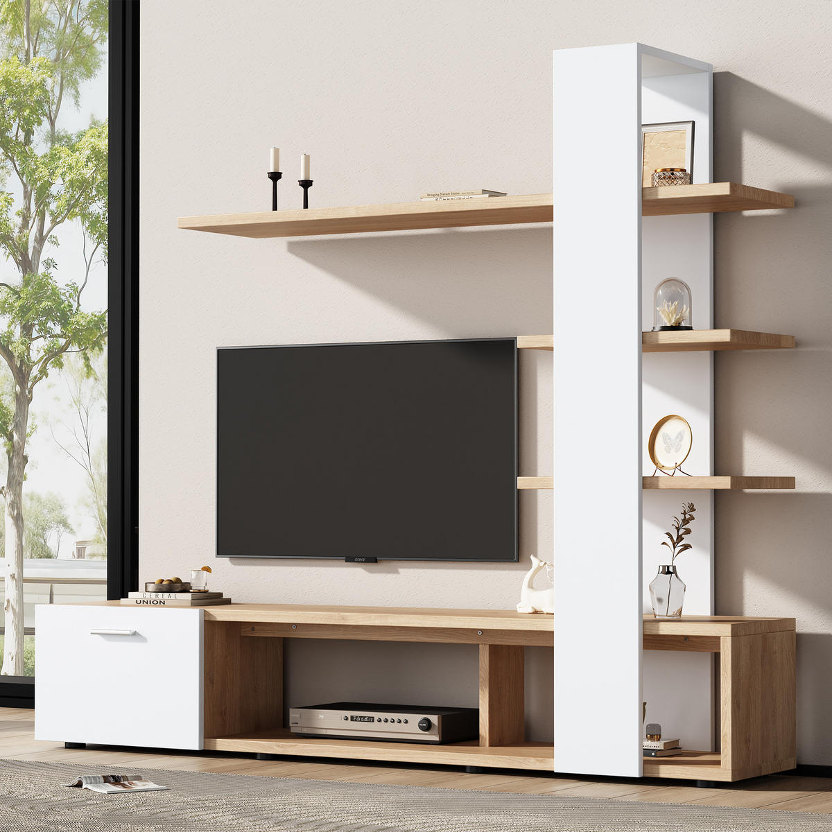 TV-ELEMENTTV-WOHNWAND 180x33,5x151,5cm für 60-Zoll-Fernseher Weiß-Holzoptik - Weiß, Holz (44.78/11.99/159.49cm) - Raelunyi