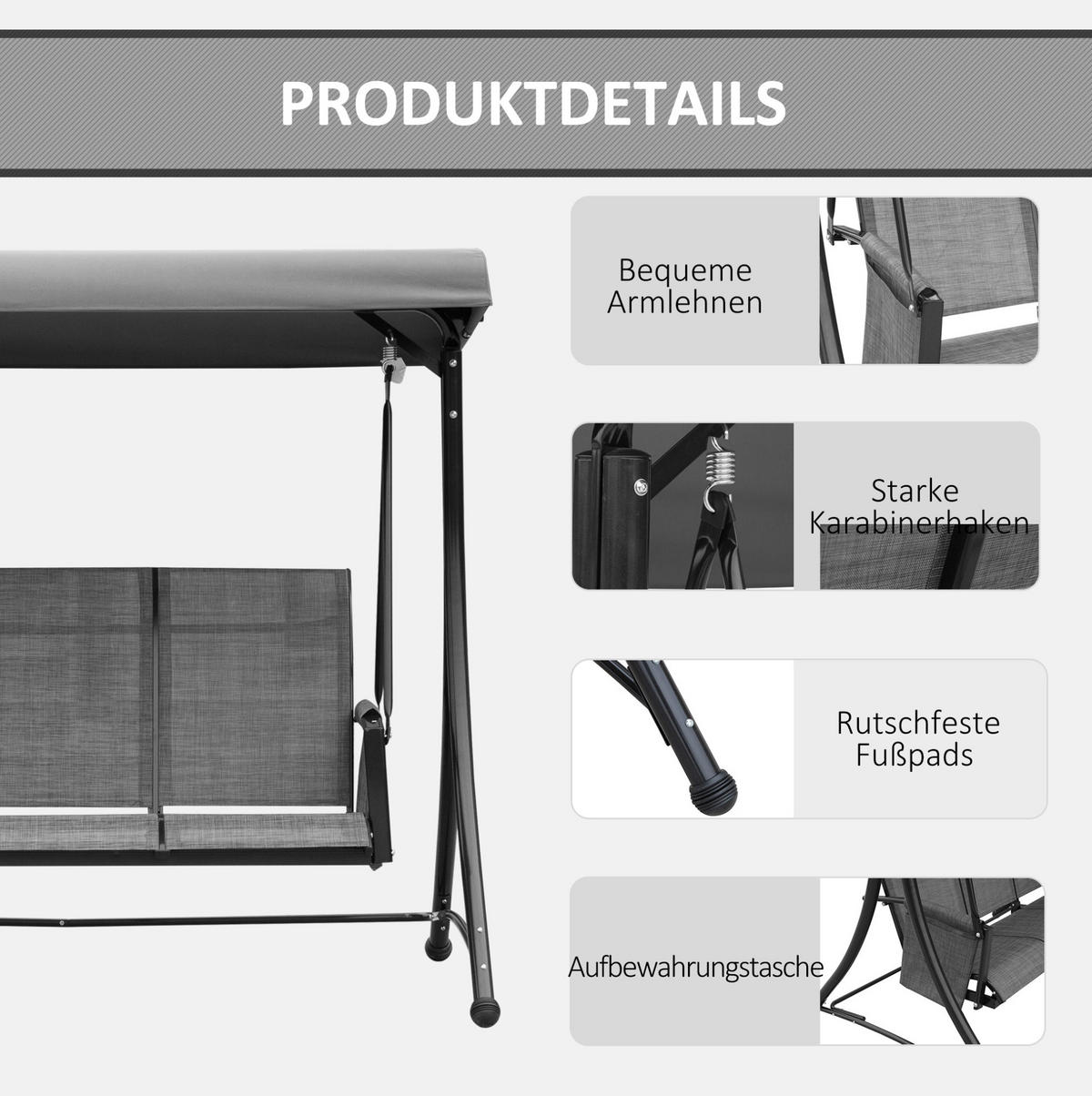 HOLLYWOODSCHAUKEL 196/128/172 cm mit verstellbarem Sonnendach, 3-Sitzer und Seitentaschen aus Metall, Dunkelgrau - Dunkelgrau, Metall (128/172/196cm) - Redom