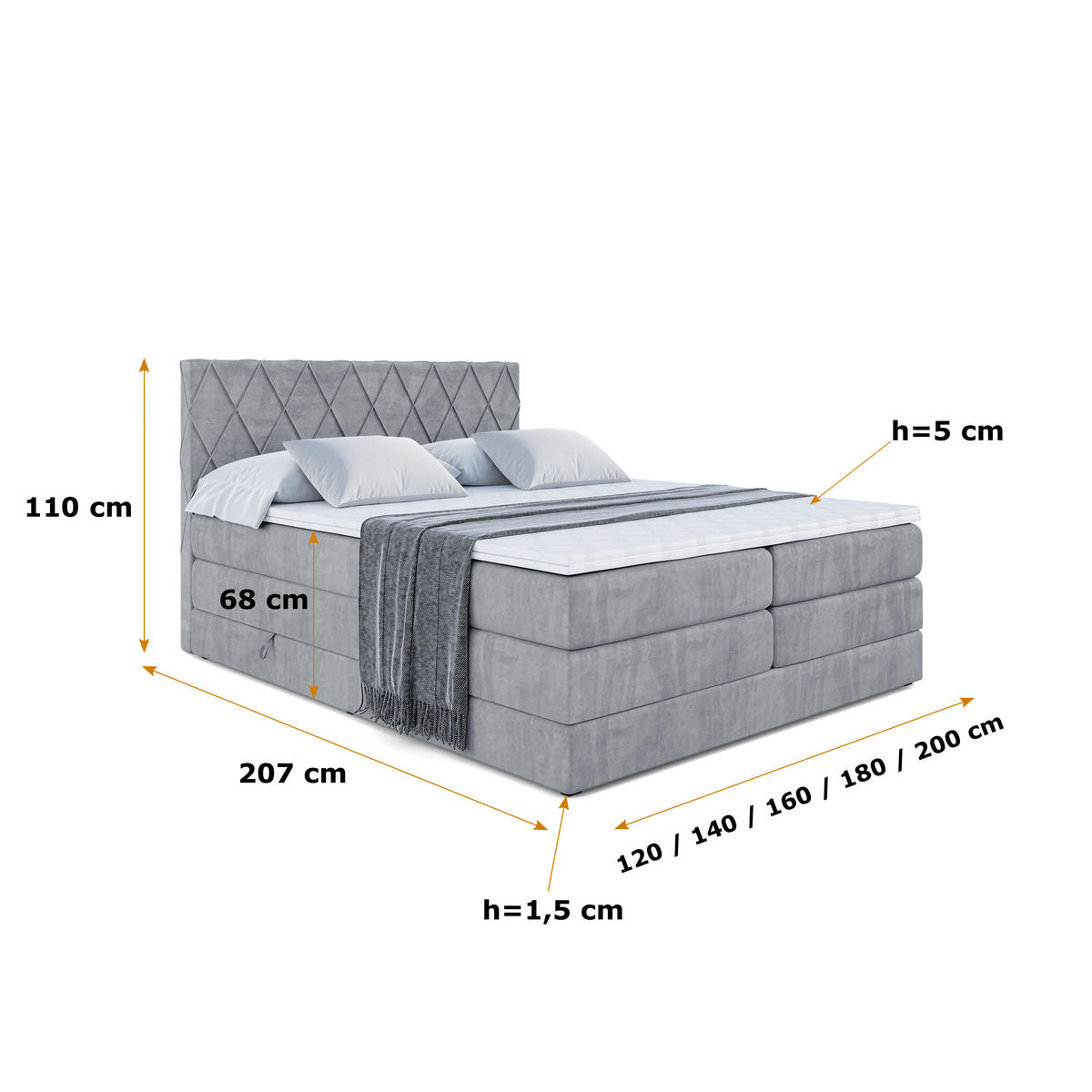 BOXSPRINGBETT LEPARO KING - 180 x 200 - H3/H4 - Grau - Grau, Holzwerkstoff (180/200cm) - ALTDECOR