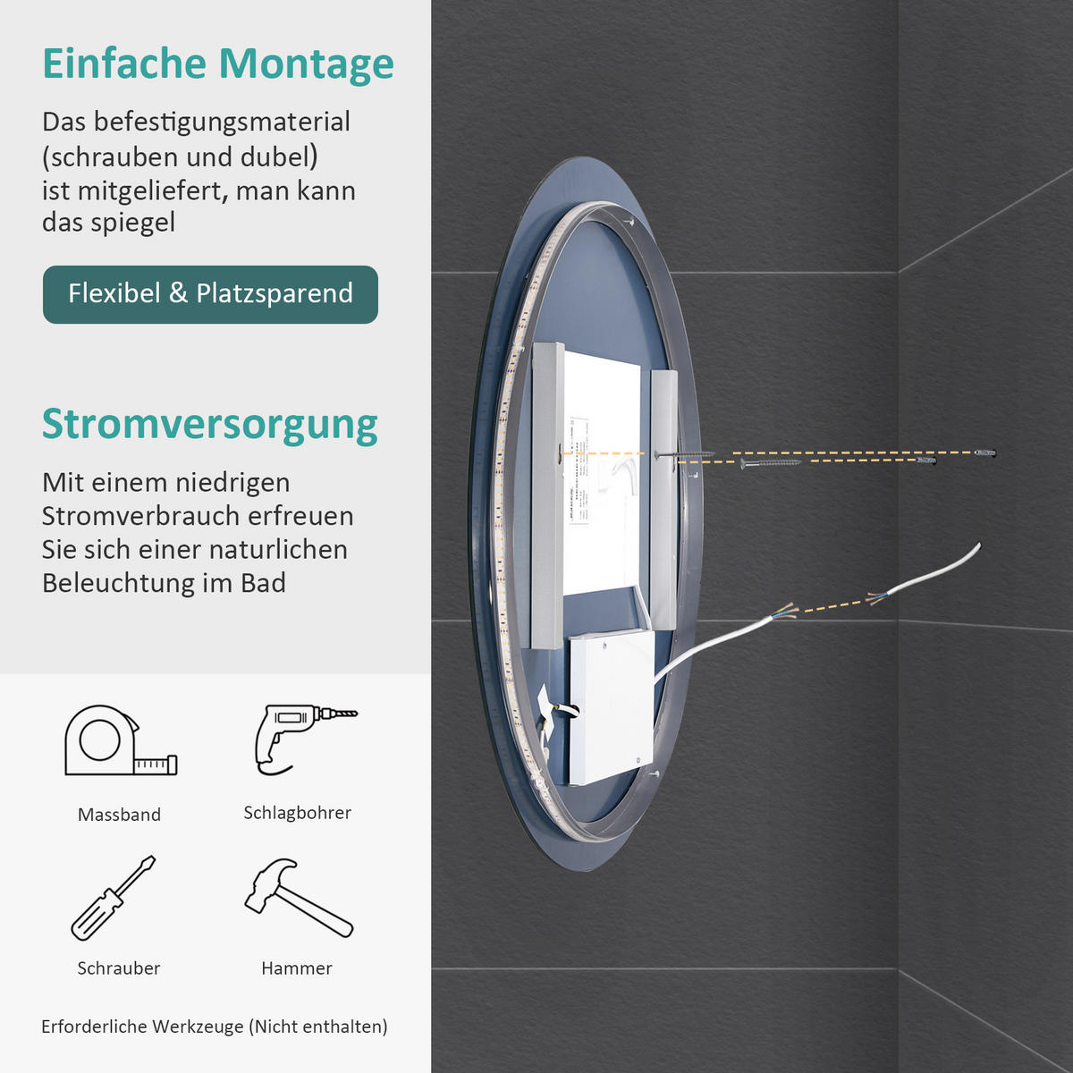 BADSPIEGEL Runder mit Antibeschlag Dreifarbige Beleuchtung ф70 cm - Weiß, Glas (70/3.5/70cm) - EMKE