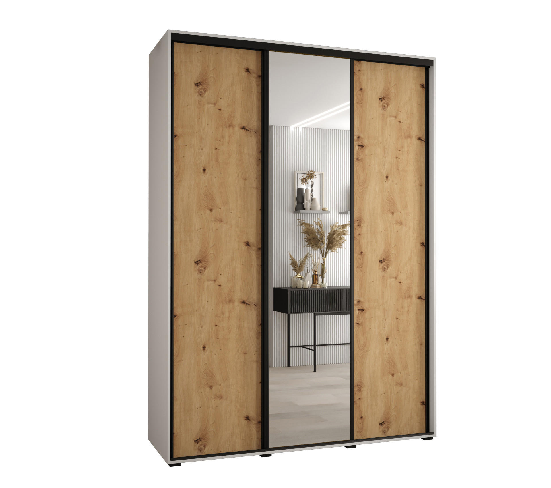 Abiks Möbel Schwebetürenschrank Weiß, Eiche Artisan, Schwarz 170x235x60 cm