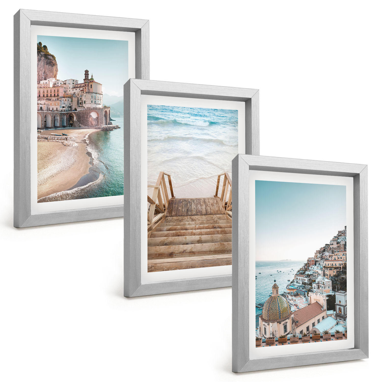 BILDER SET 3er Set - 20x30 cm Silberner Rahmen - Sommerliche Strandansichten in Pastellfarben - Silberfarben, Kunststoff (20/30cm) - TULUP