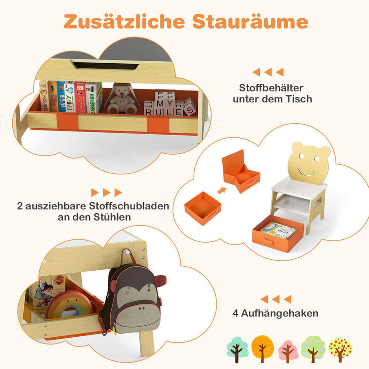 KINDERTISCH mit stuhl natur(3-tlg) - Naturfarben, Holzwerkstoff (70/45/60.5cm) - COSTWAY