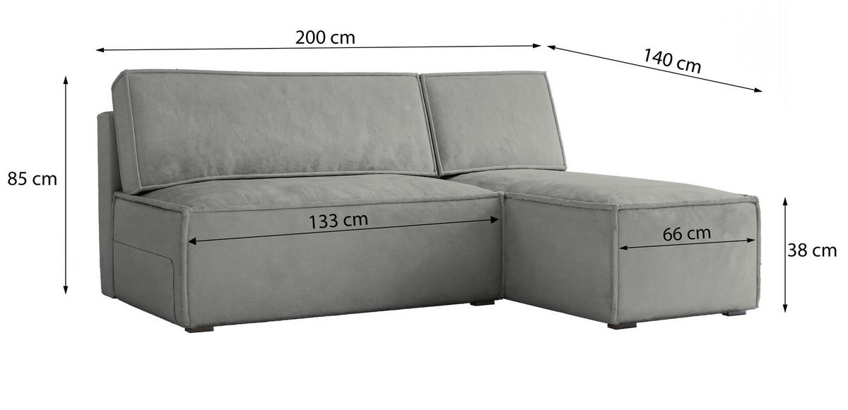 ECKSOFA BRISO M Grau Velours-Stoff mit Schlaffunktion - Grau, Holz (200/140cm) - MASSENO
