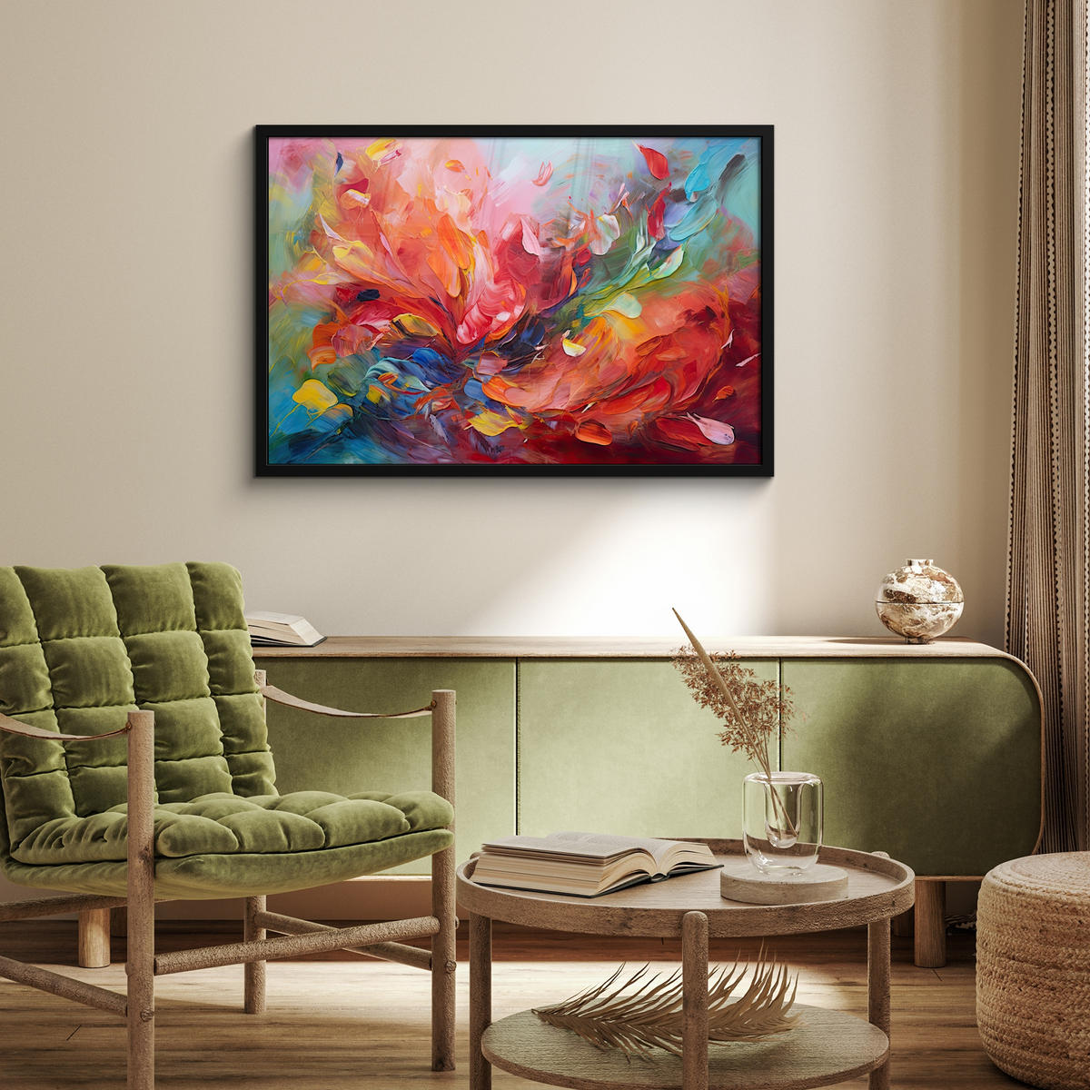 POSTER MIT RAHMEN Ölgemälde - Kunst - Abstrakt - Farbenfroh 90x60 cm - Altrosa, Papier (90/60cm) - MuchoWow