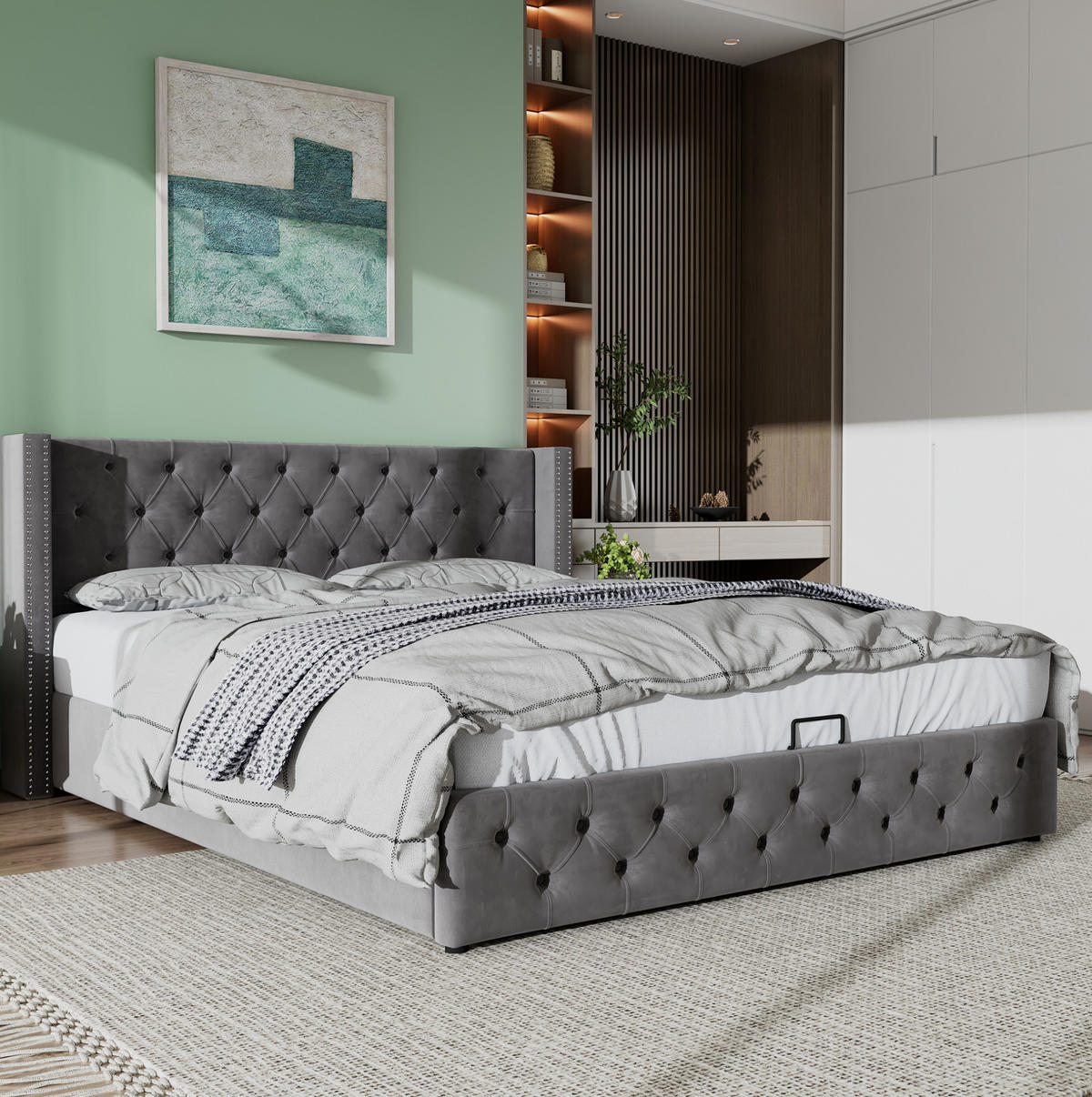 SAMT-POLSTERBETT 180/200 cm mit Bettkasten und gepolstertem Kopfteil Grau - Grau, Textil (180/200cm) - BEAOK