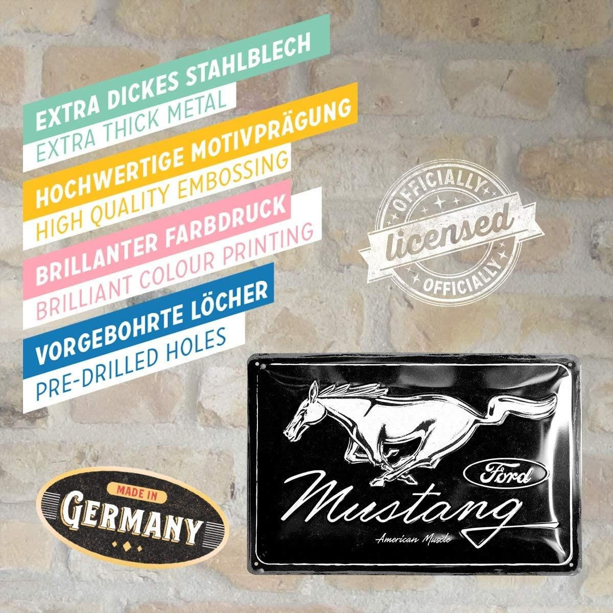 BLECHSCHILD 20/30 cm Ford Mustang Horse Logo Black - Multicolor, Metall (30/20/0.2cm) - Nostalgic-Art