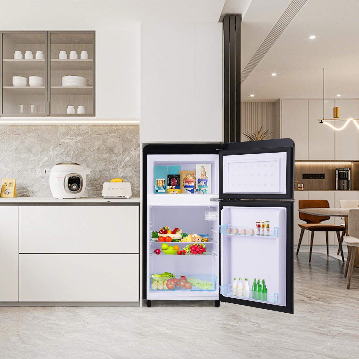 RETRO KÜHLSCHRANK 72L Doppeltür 21L Gefrier LED E Klasse - Schwarz, Kunststoff (45/91/46cm) - FLIEKS