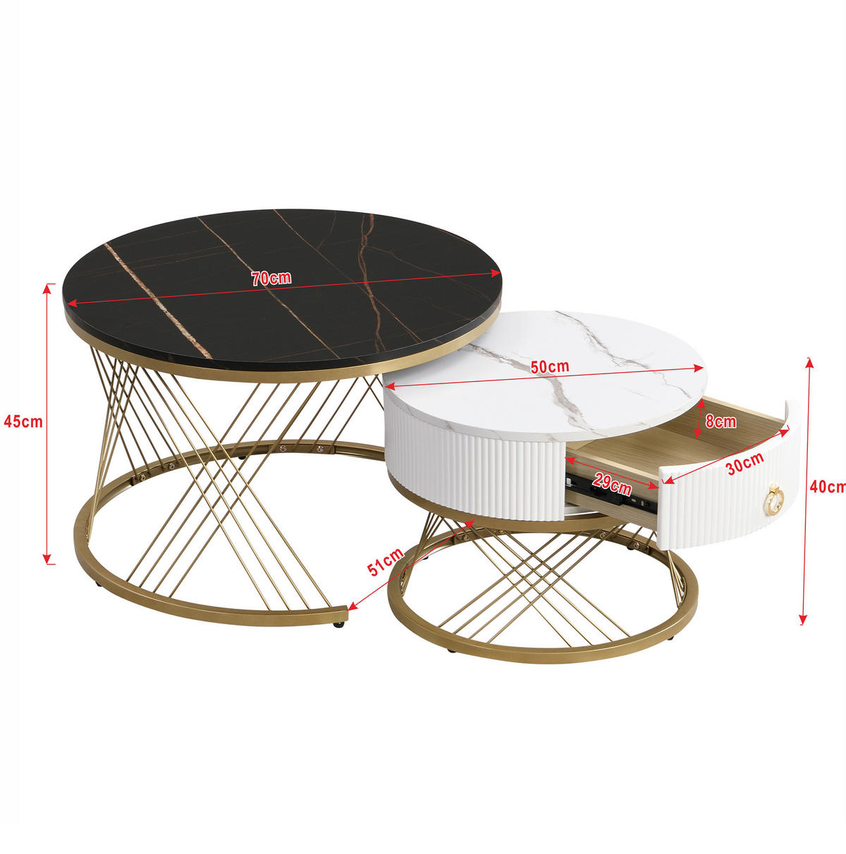 KOMMODE, 2-teiliges Couchtisch-Set aus MDF in Marmor-Optik mit Goldakzenten, 70/70/45 + 50/50/40 cm, Weiß und Gold und Schwarz - Schwarz, Holzwerkstoff (70/70/45cm) - Redom