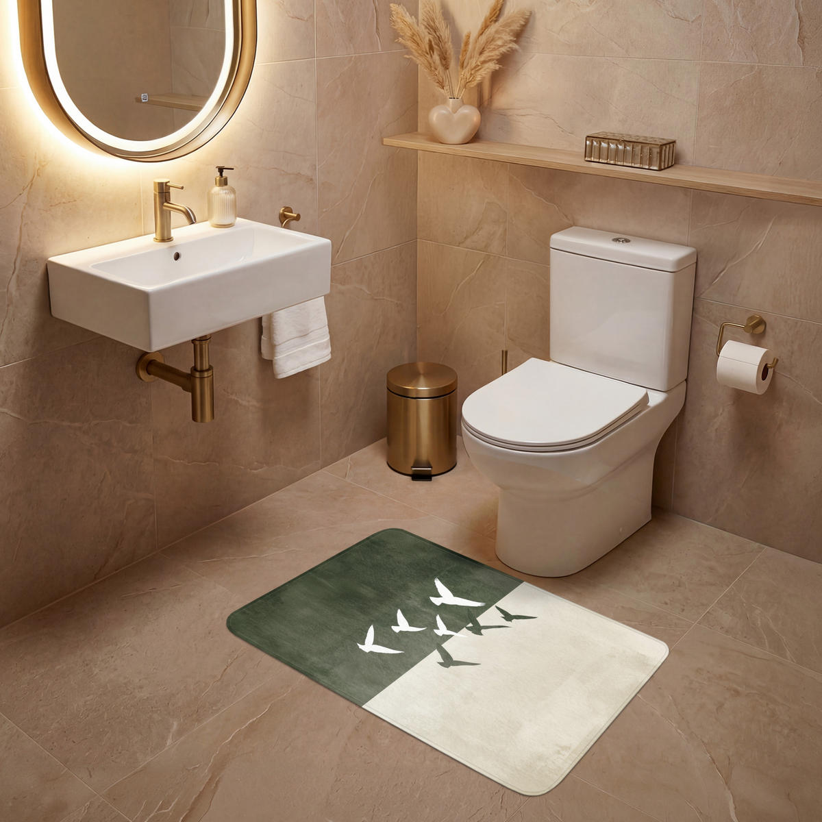WC PŘEDLOŽKA Japandi - Pták - Zelený 80x50 cm - olivově zelená, textil/plast (80/1cm) - OnlyWow
