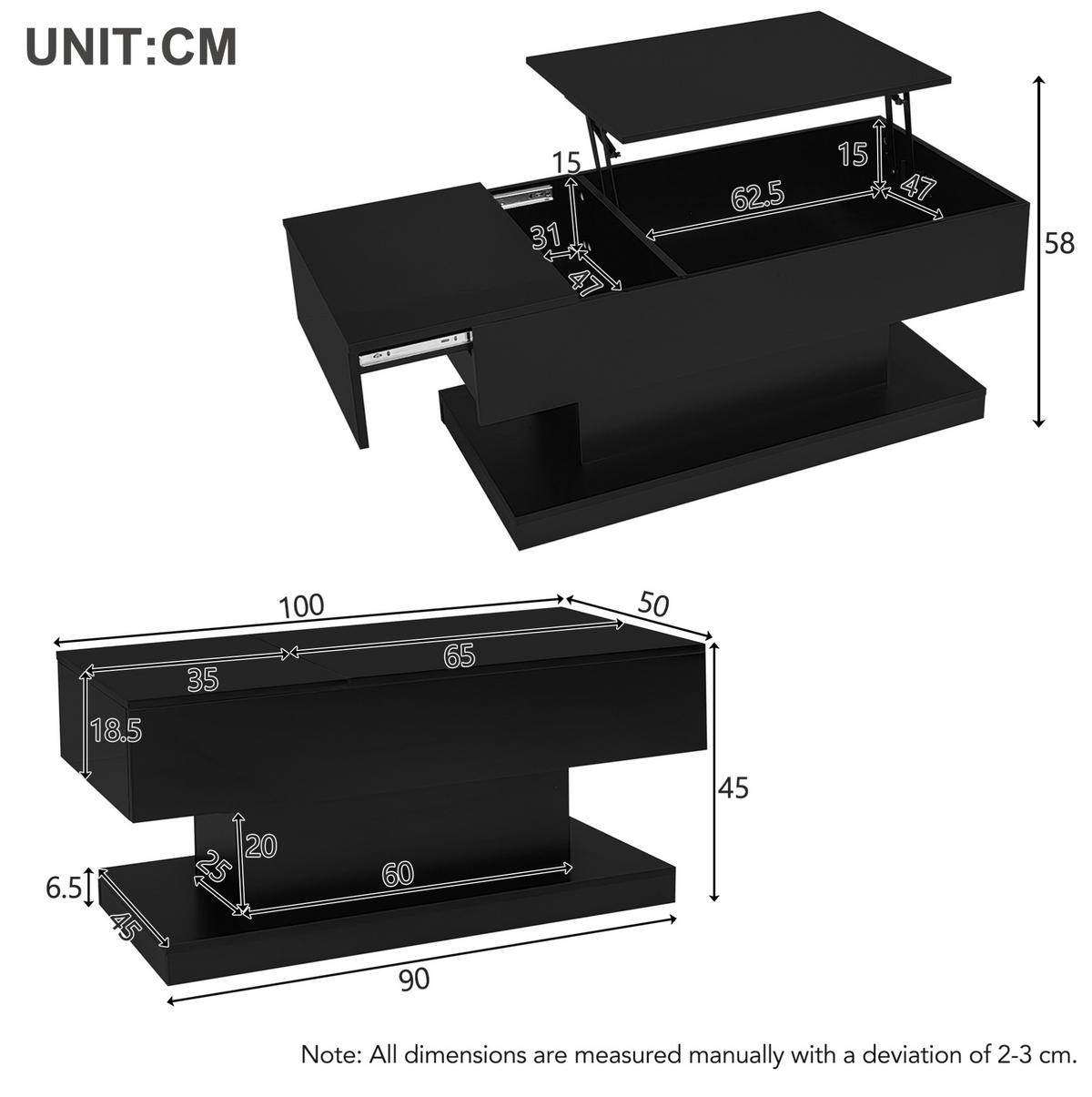 COUCHTISCH 100/50/45 cm in Schwarz aus Spanplatte mit LED-Beleuchtung und Stauraum - Schwarz, Holzwerkstoff (100/50/45cm) - OKMYHOME