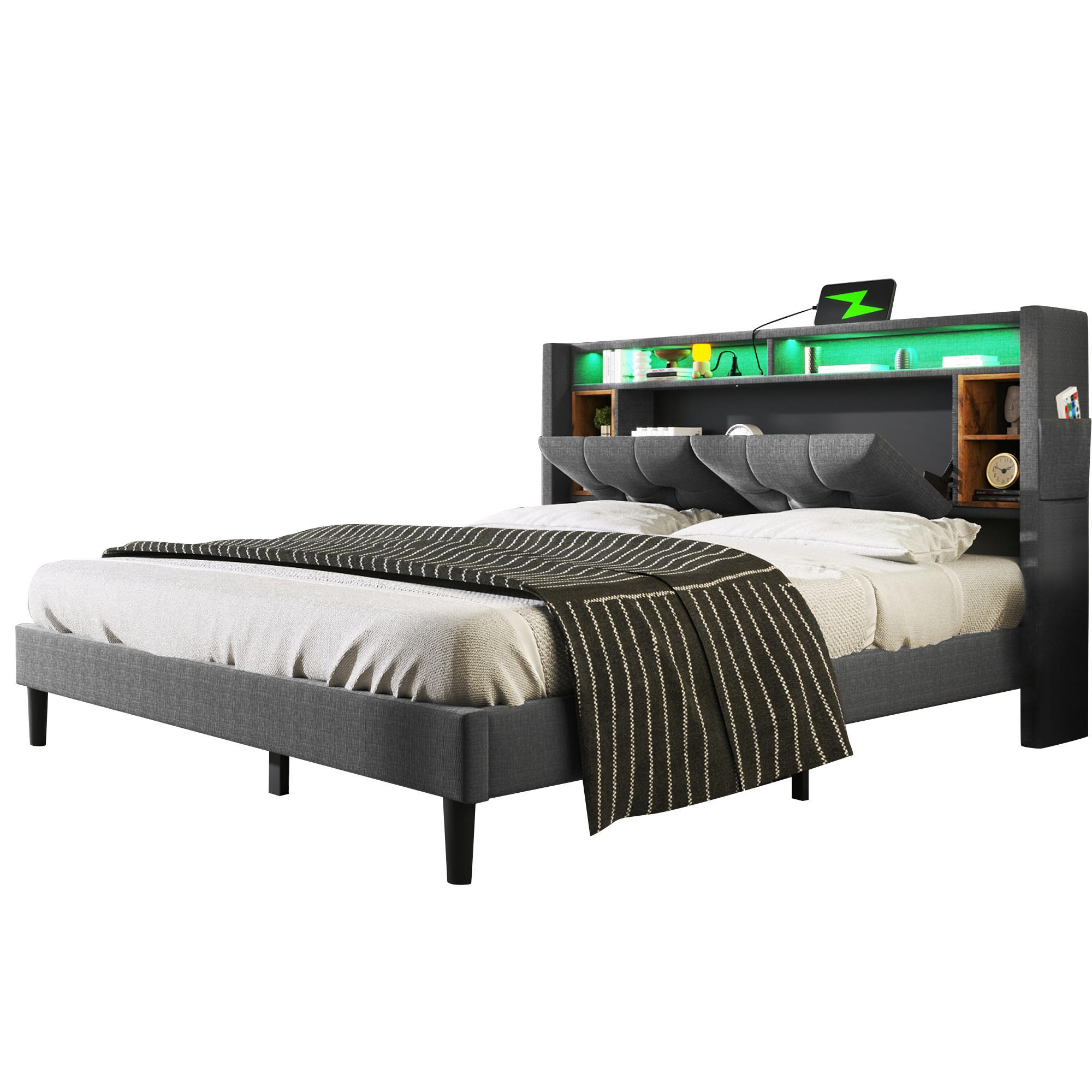 STILVORA ČALOUNĚNÁ POSTEL 140/200 cm šedá s úložným čelem, LED, USB a zásuvkami, len