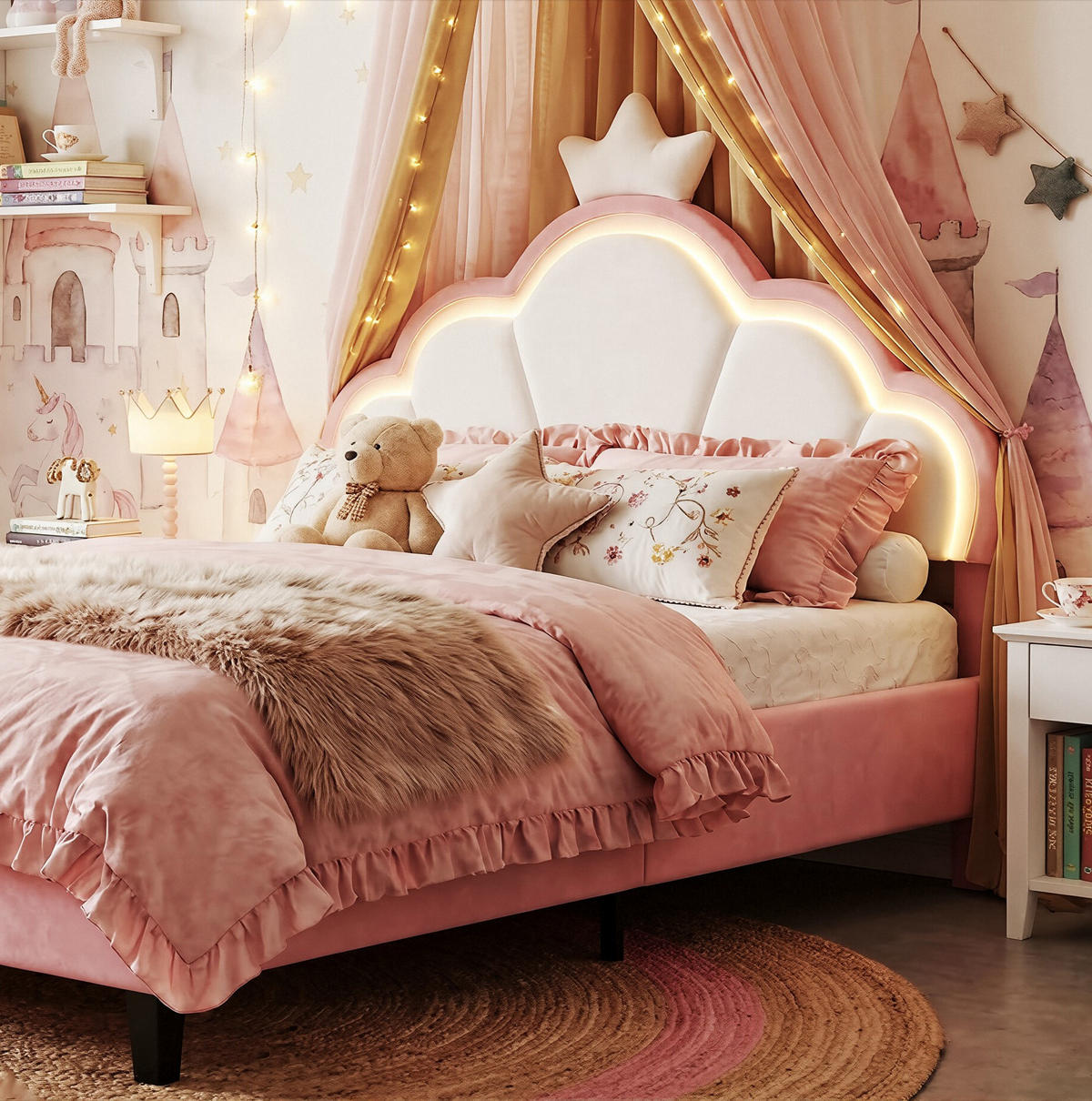 JUGENDBETT Sternenkrone mit RGB-LED & Wellen-Kopfteil 140/200 cm Samt Rosa/Weiß - Pink, Textil (140/200cm) - Creahappy