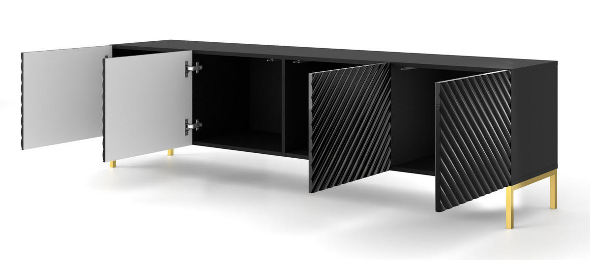 TV LOWBOARD Schwarz Hochglanz, Gold 200/56/42 - Schwarz Hochglanz, Holzwerkstoff (200/56/42cm) - RAUMHIRSCH FURNITURE
