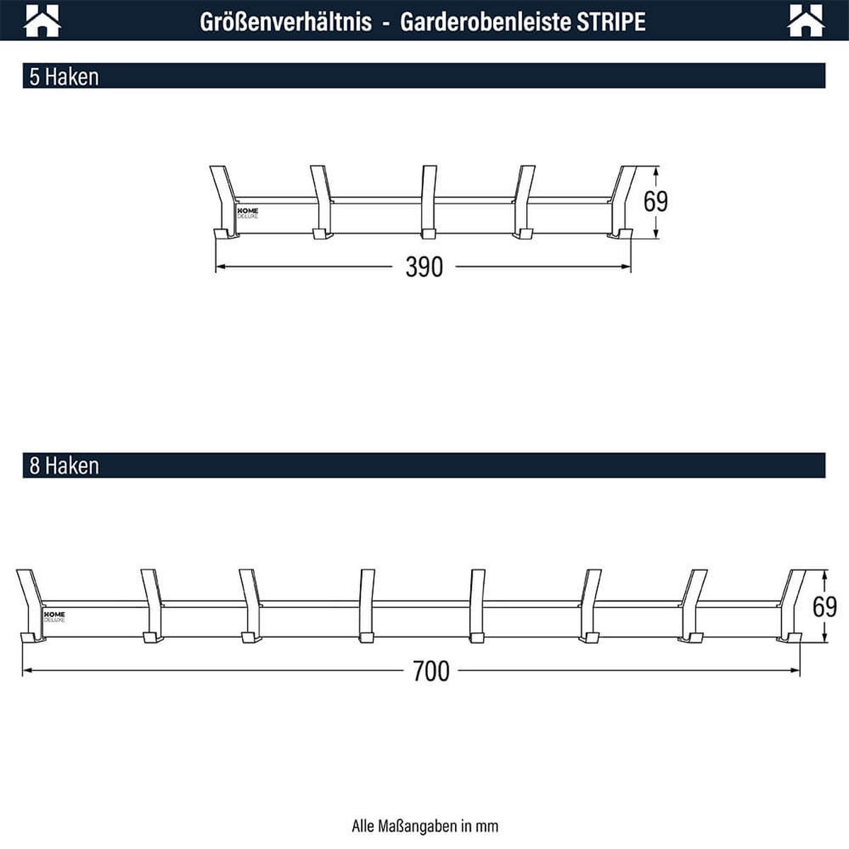 GARDEROBENLEISTE inkl. Haken, Magnete und Bilderregal STRIPE - 5 x Haken - Braun, Holz (6.8/6.9/39cm) - Home Deluxe