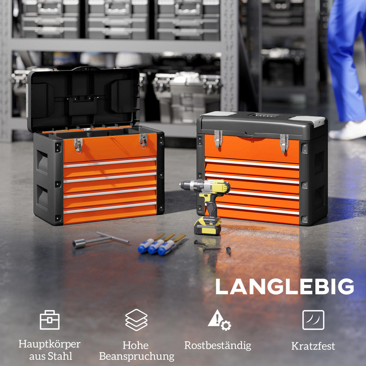 WERKZEUGKISTE leer, 49,7 x 25,3 x 40,7 cm Werkzeugkasten aus Stahl, Orange - Orange, Metall (49.7/40.7/25.3cm) - HOMCOM