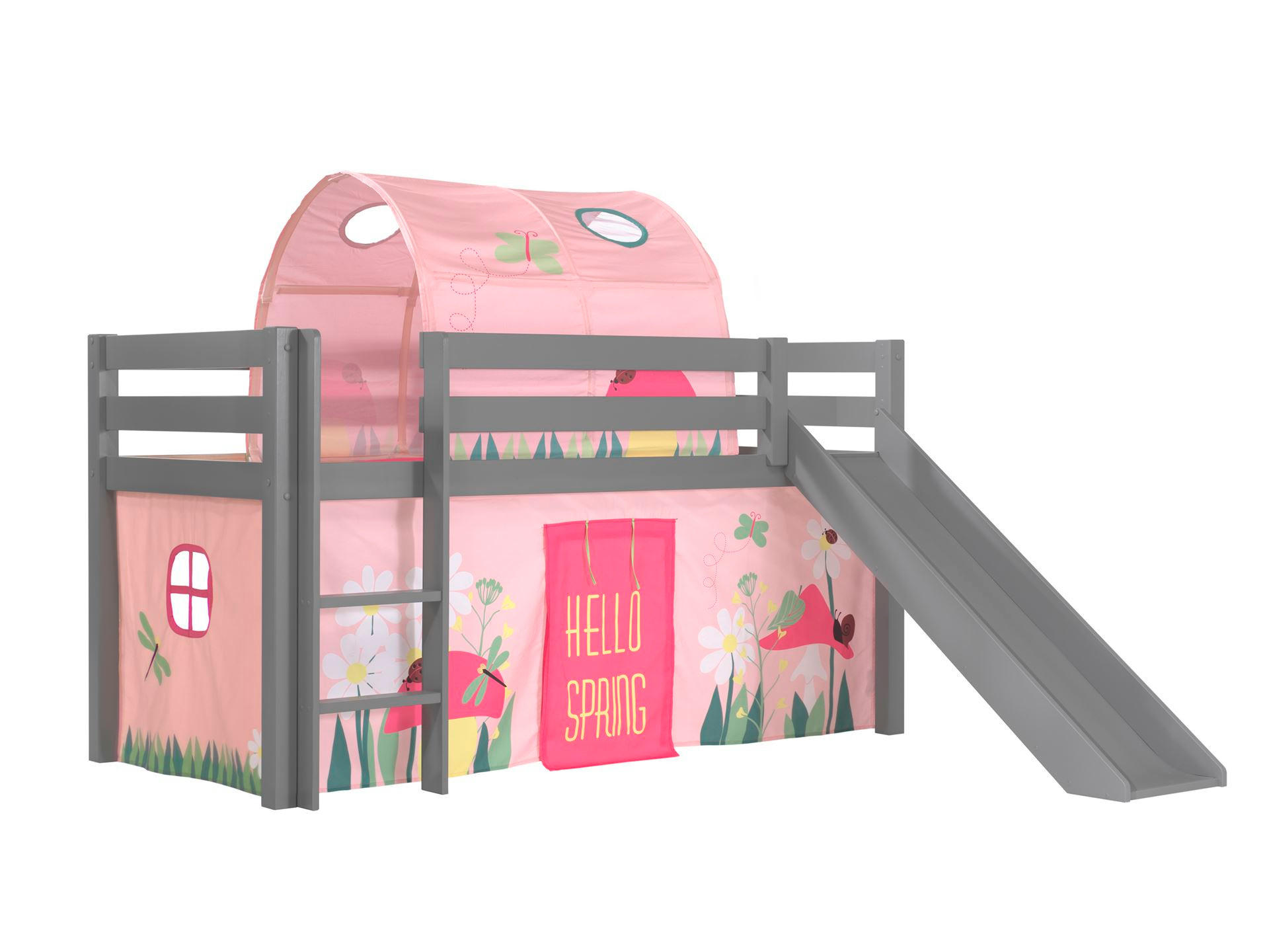 HOCHBETT mit Rutsche Karolina Massivholz Grau Textilset Spring 2 - Hellrosa/Grau, Holz (90/200cm) - 58aufmkessel