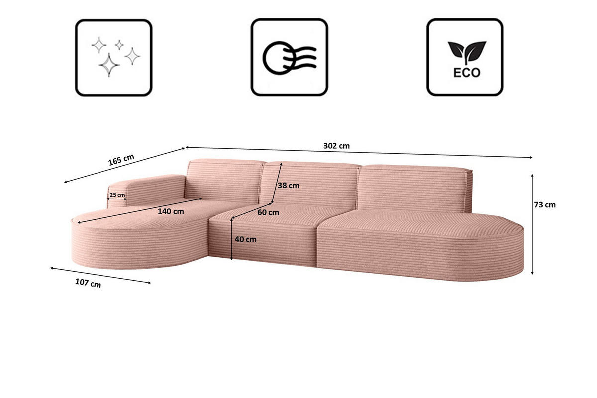 ECKSOFA Designer, Sofa L form MODENA 302 cm stoff Poso Rosa Links - Rosa, Holz (302/296cm) - Kaiser Möbel