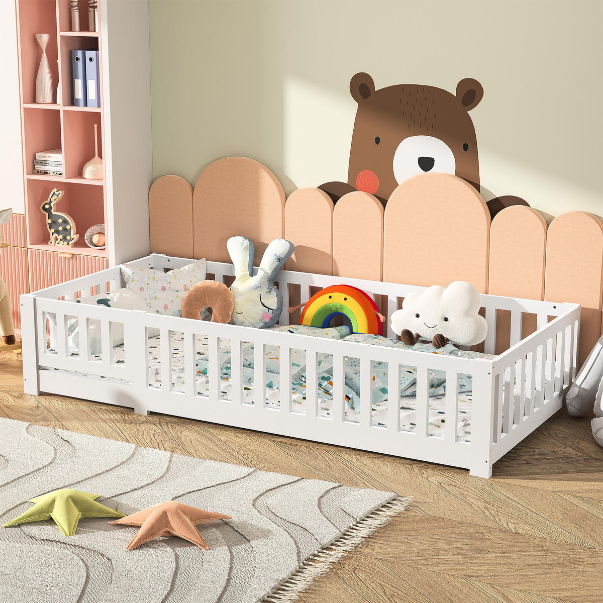 KINDERBETT 90x200 Bodenbett mit Rausfallschutz, Montessori Bett aus Massivholz - Weiß, Holz/Metall (90/200cm) - PARAFTA HOME