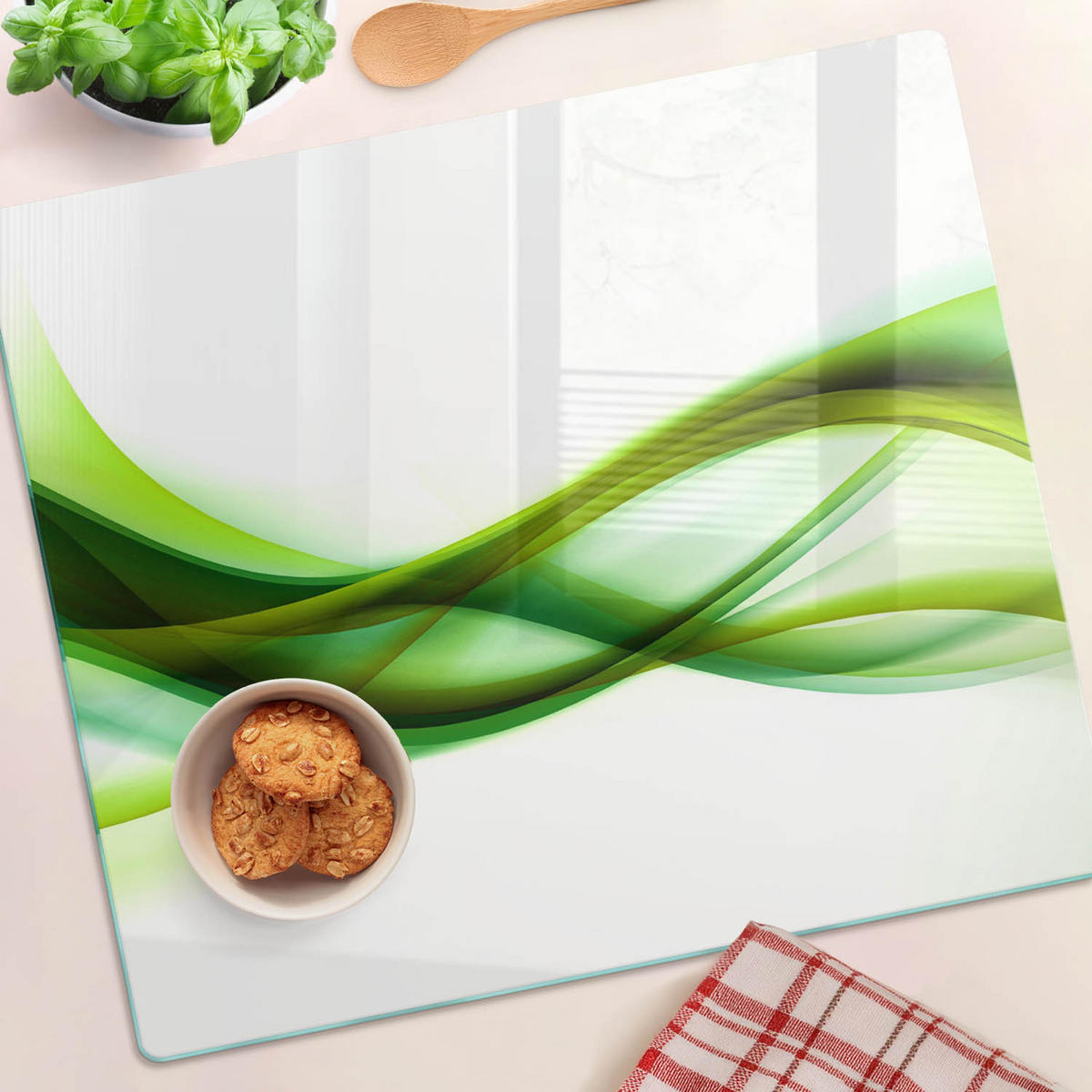 GLASPLATTE 60x52 cm Abstrakte Wellen - Grün, Glas (60/0.4/52cm) - TULUP