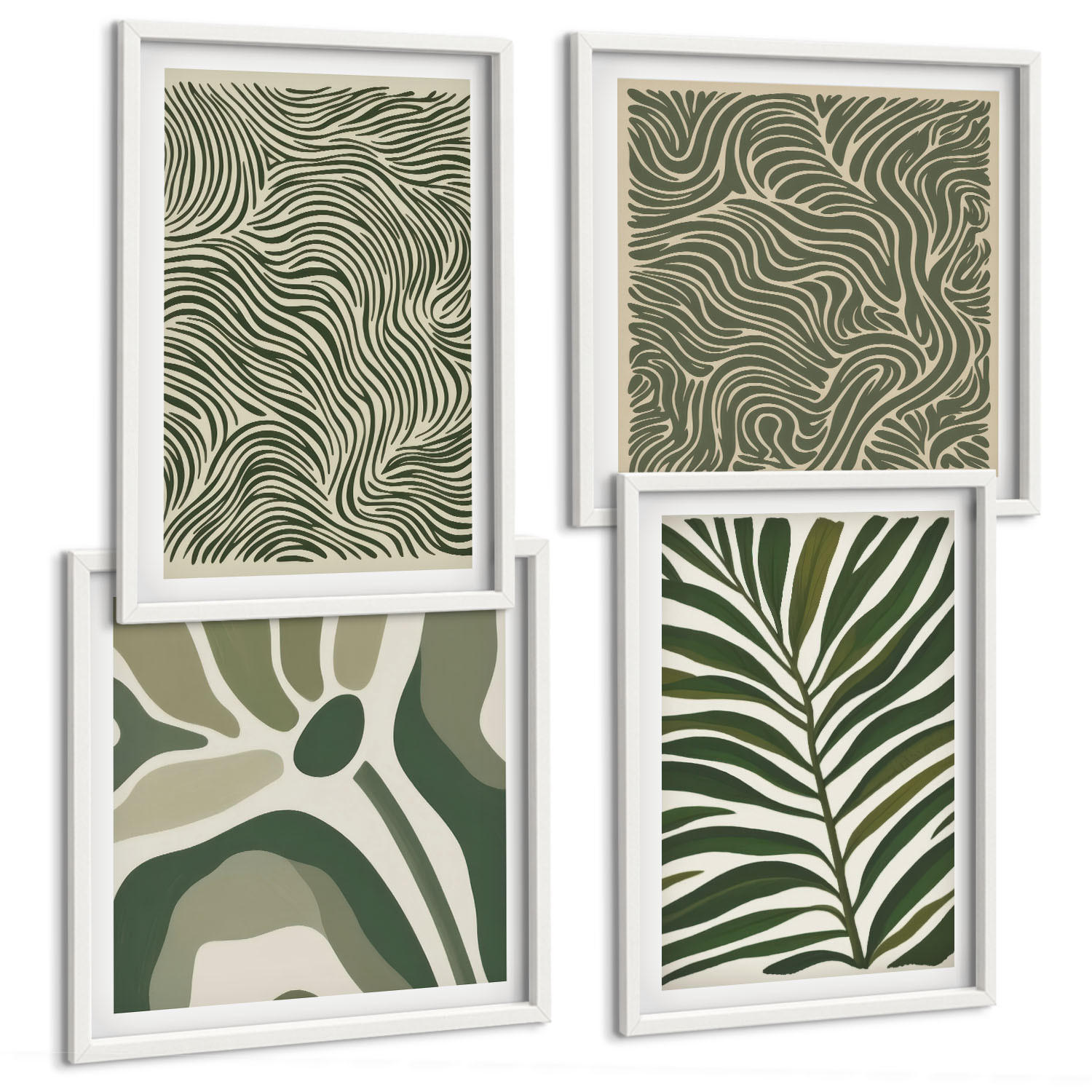 BILDER SET 4er Set - 50x50 cm & 40x60 cm Weißer Rahmen - Blattmuster und wellenförmige Formen - Weiß, Kunststoff (50/50cm) - TULUP