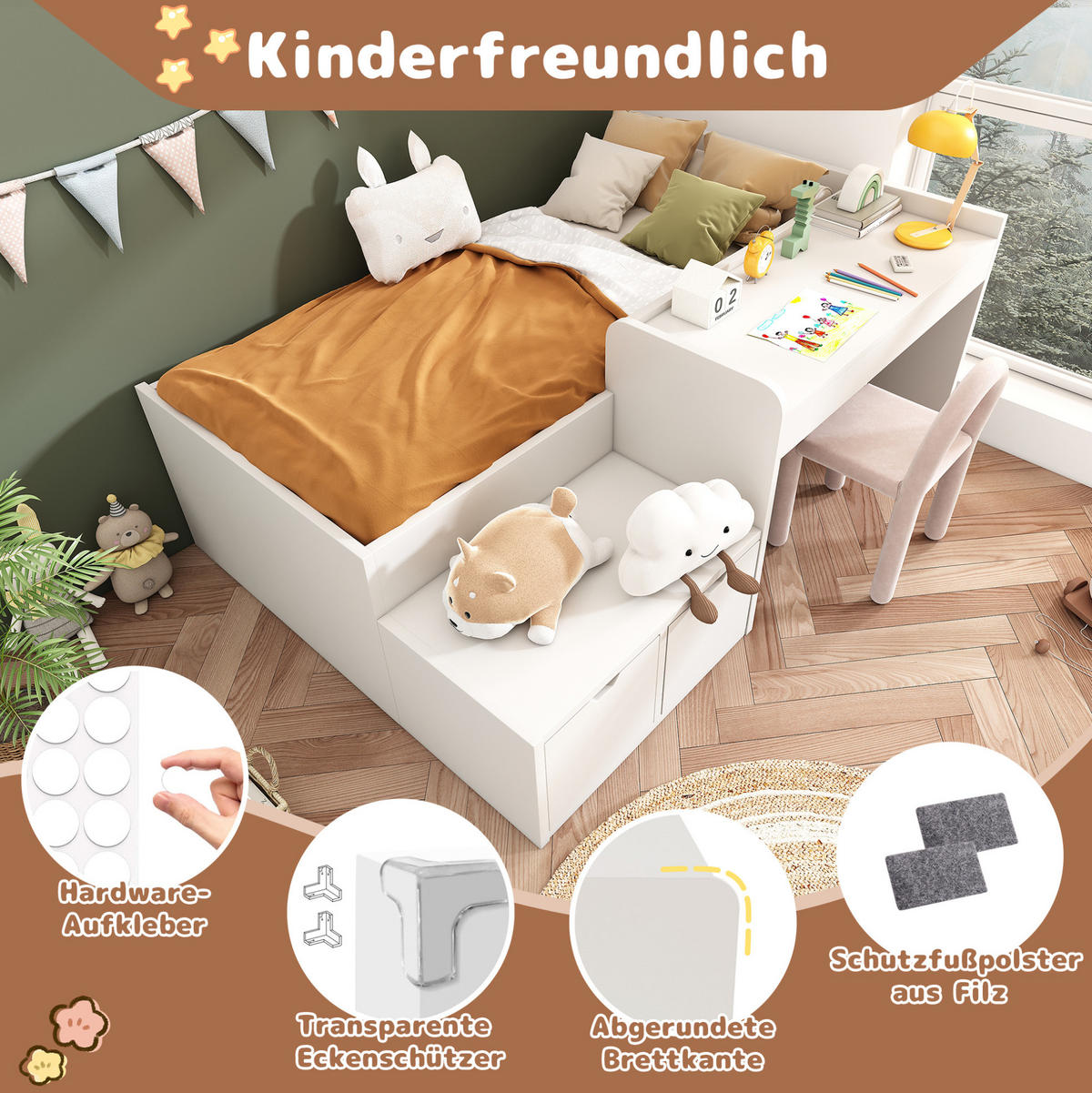 KINDERBETT 90/200 cm Weiß aus Kiefer-Massivholz und MDF mit Schreibtisch und Schubladen - Weiß, Holz (90/200cm) - OKMYHOME