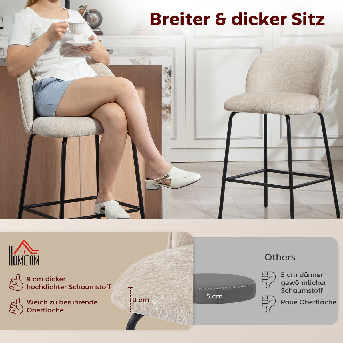 BARHOCKER 2er Set Barstuhl mit Fußstütze, Lehne, Sitzhöhe 68 cm, Beige - Beige/Schwarz, Textil (50/93/55cm) - HOMCOM
