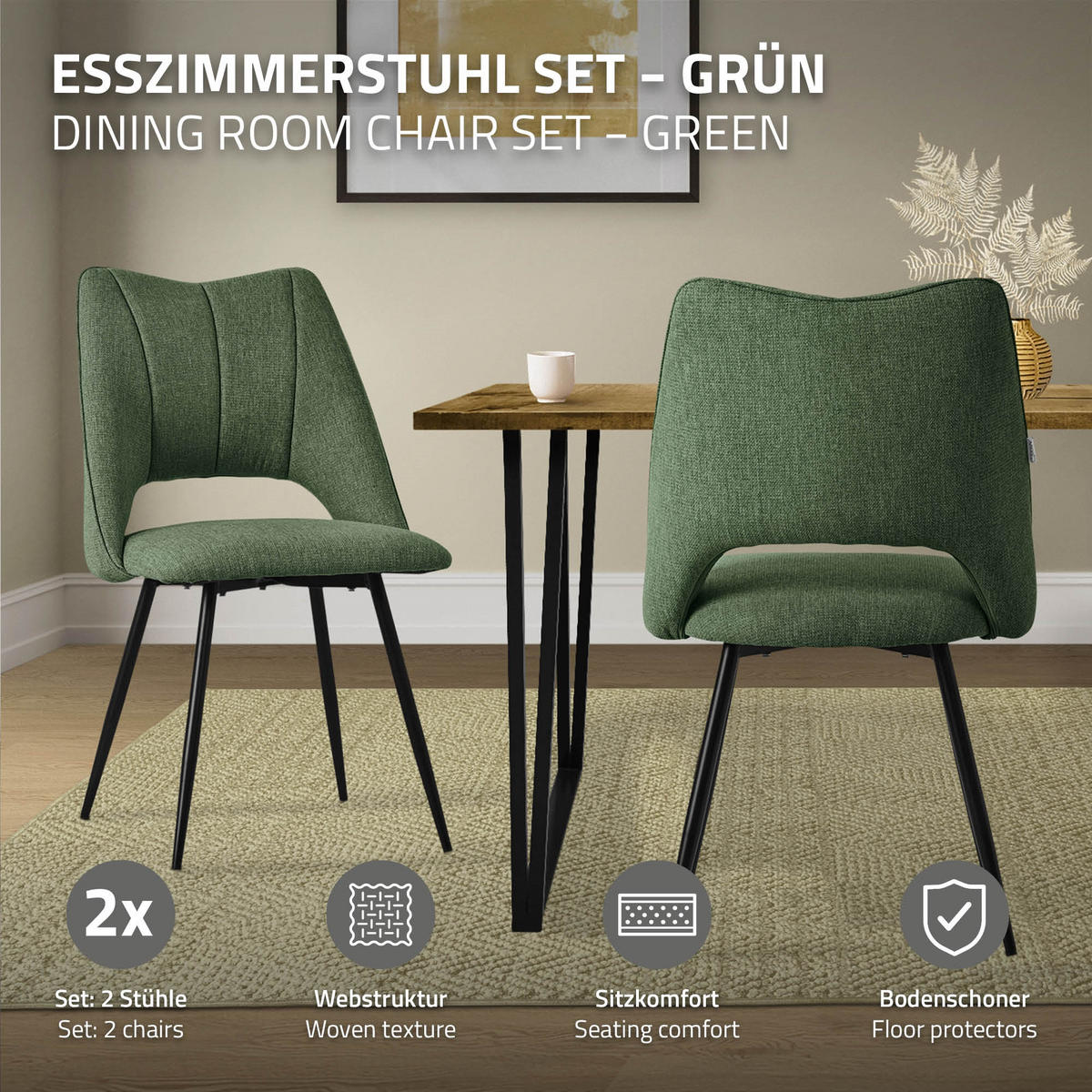 ESSZIMMERSTÜHLE 2ER-SET Grün Stoffbezug - Schwarz/Grün, Textil/Metall (57/89/53cm) - ML-DESIGN