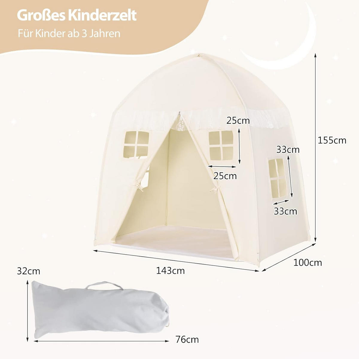 KINDERZELT 155cm Beige - Beige, Textil (100/155/143cm) - COSTWAY
