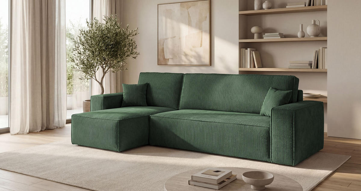 ECKSOFA CALIFORNIA MINI links grün Cord Poso 14 - Schlaffunktion, Bettkasten - Grün, Textil (245/140cm) - Cornero