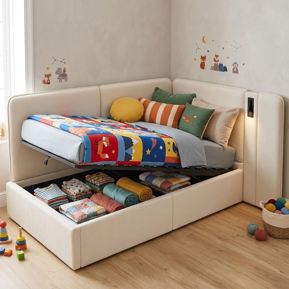 POLSTERBETT 90/200 cm in Beige mit Bettkasten, Leselampe und USB Polsterbett aus Bouclé - Beige, Holzwerkstoff/Textil (90/200cm) - STILVORA