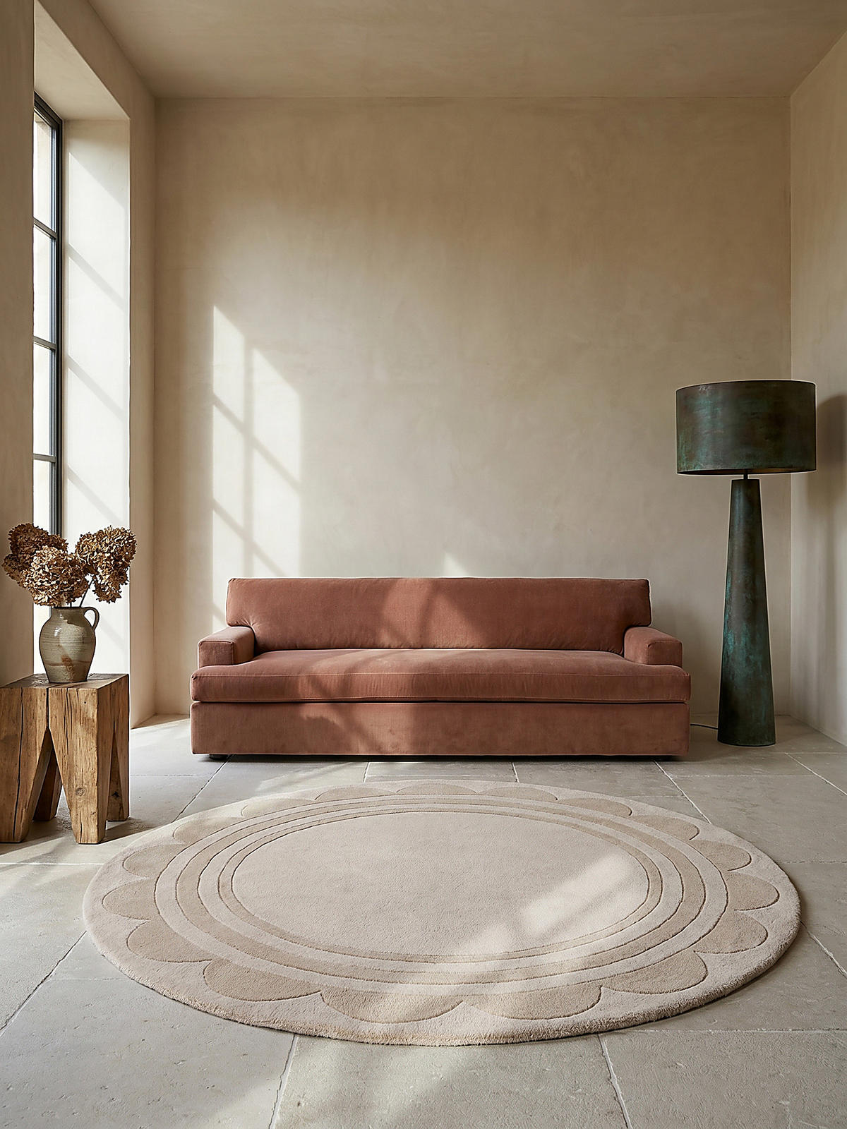 WOLLTEPPICH Grafisches Muster, Rahmen, Wohnzimmer schmutzabweisend Beige Rund 120x120 - Beige, Textil (120/120cm) - KADIMA DESIGN