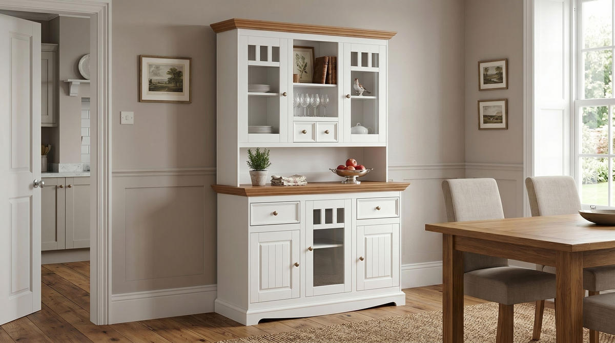 BUFFETSCHRANK Belluno Elegante Kiefer weiß (RAL9010) lackiert / Kiefer gebeizt, Eichefarben 130 / 45 / 190cm - Eichefarben/Weiß, Holz/Metall (130/190/45cm) - Feldmann-Wohnen
