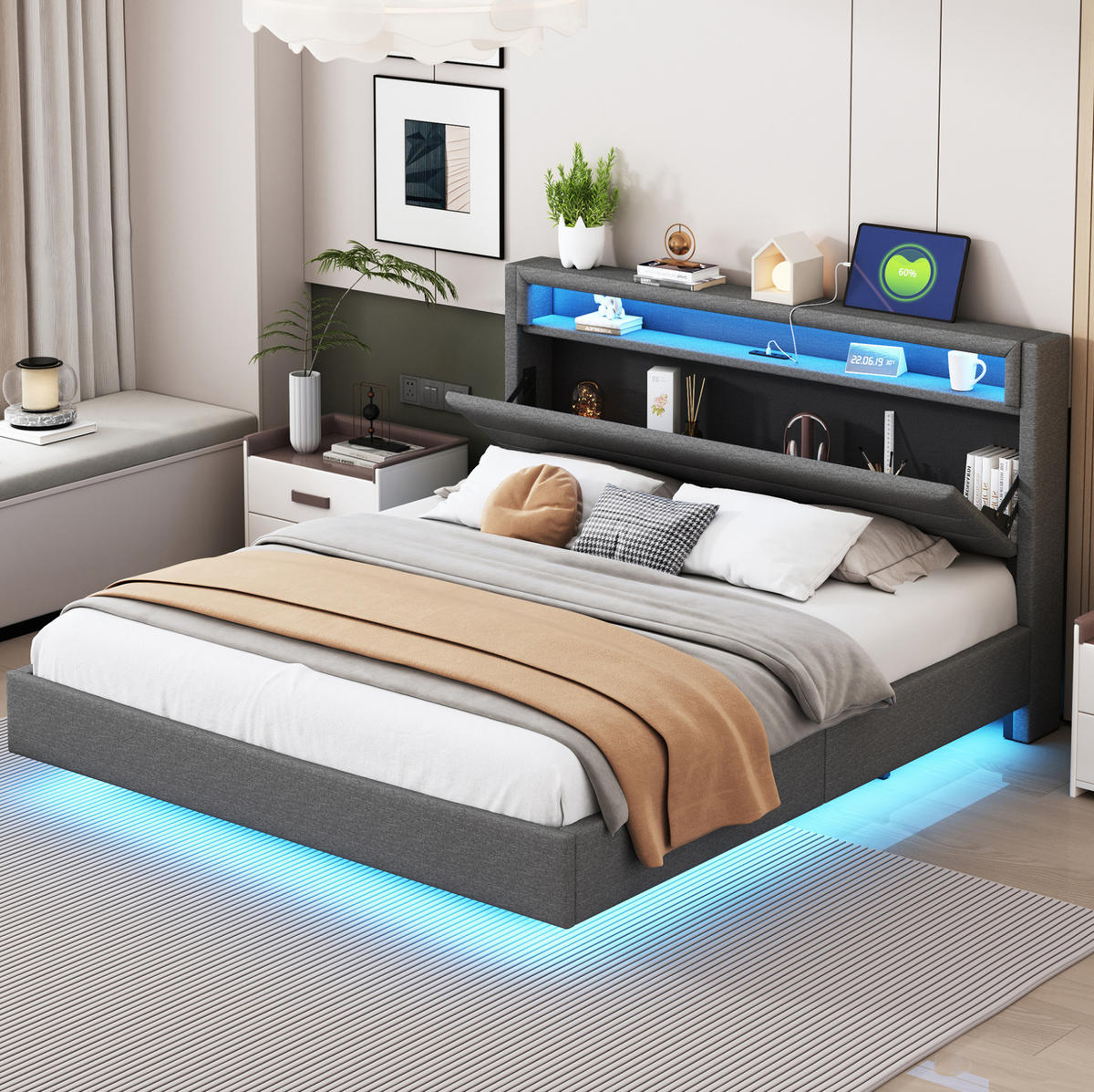 ČALÚNENÁ posteľ 160/200 cm sivá s USB a LED osvetlením z ľanovej tkaniny - sivá, textil (160/200cm) - OKWISH