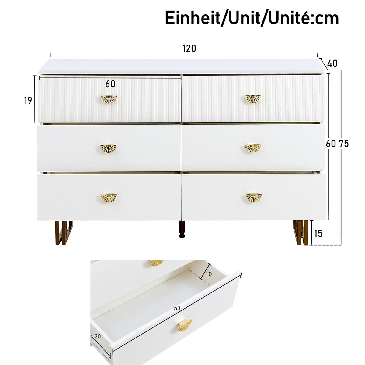 SIDEBOARD mit 6 Schubladen, weißes MDF und goldfarbene Zinkgriffe, 120/40/75 cm,weiß - Weiß, Holzwerkstoff (120/75/40cm) - Redom