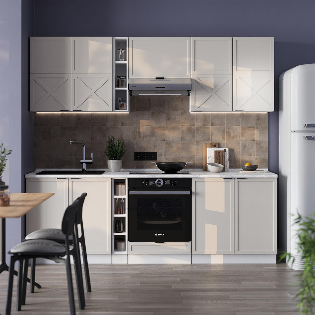 KÜCHENZEILE Fame-Line GrauBeige/Weiß 235 cm ohne AP - Weiß/Grau, Holzwerkstoff (235/81.6/46cm) - Vicco