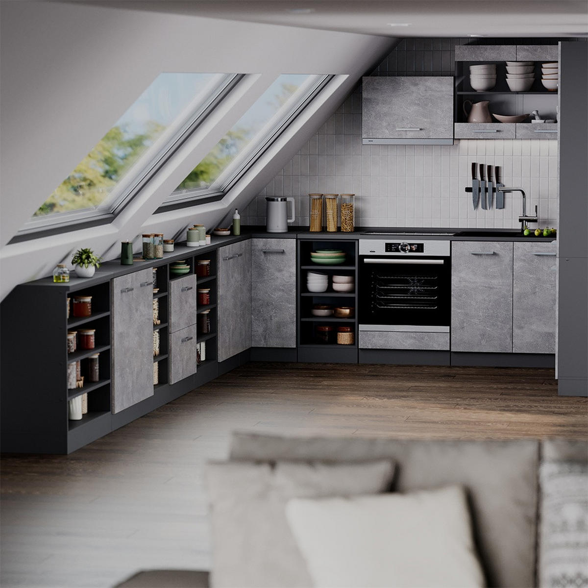 KUHINJSKA OMARA ZA POŠEVNE STREHE R-Line Beton 210 cm Komplet 5 korpusov omare globina 60 cm - siva/antracit, leseni material (210/83.8/60cm) - Vicco