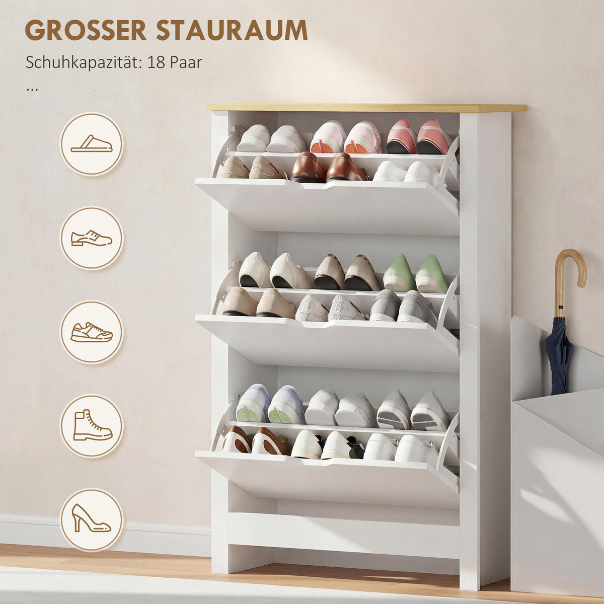 SCHUHSCHRANK DE-09795 3 Fächer für 18 Paar Schuhe Weiß + Braun - Weiß, Holzwerkstoff (72/112/26cm) - ComfortXL