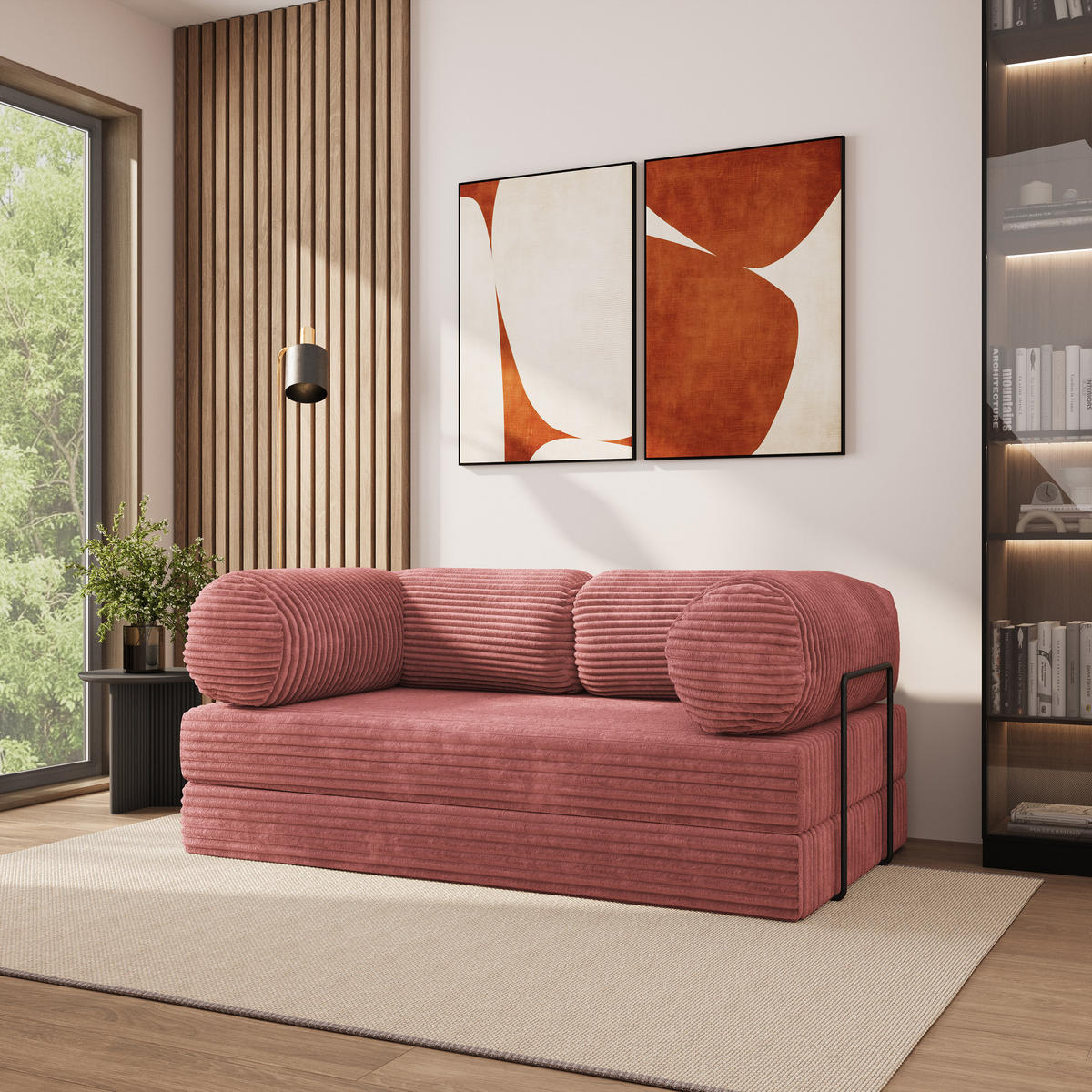 POHOVKA z pěny ALVIO s kovovým rámem Manšestrová látka Pudrově růžová - starorůžová/růžová, textil (170/68/80cm) - MASSENO