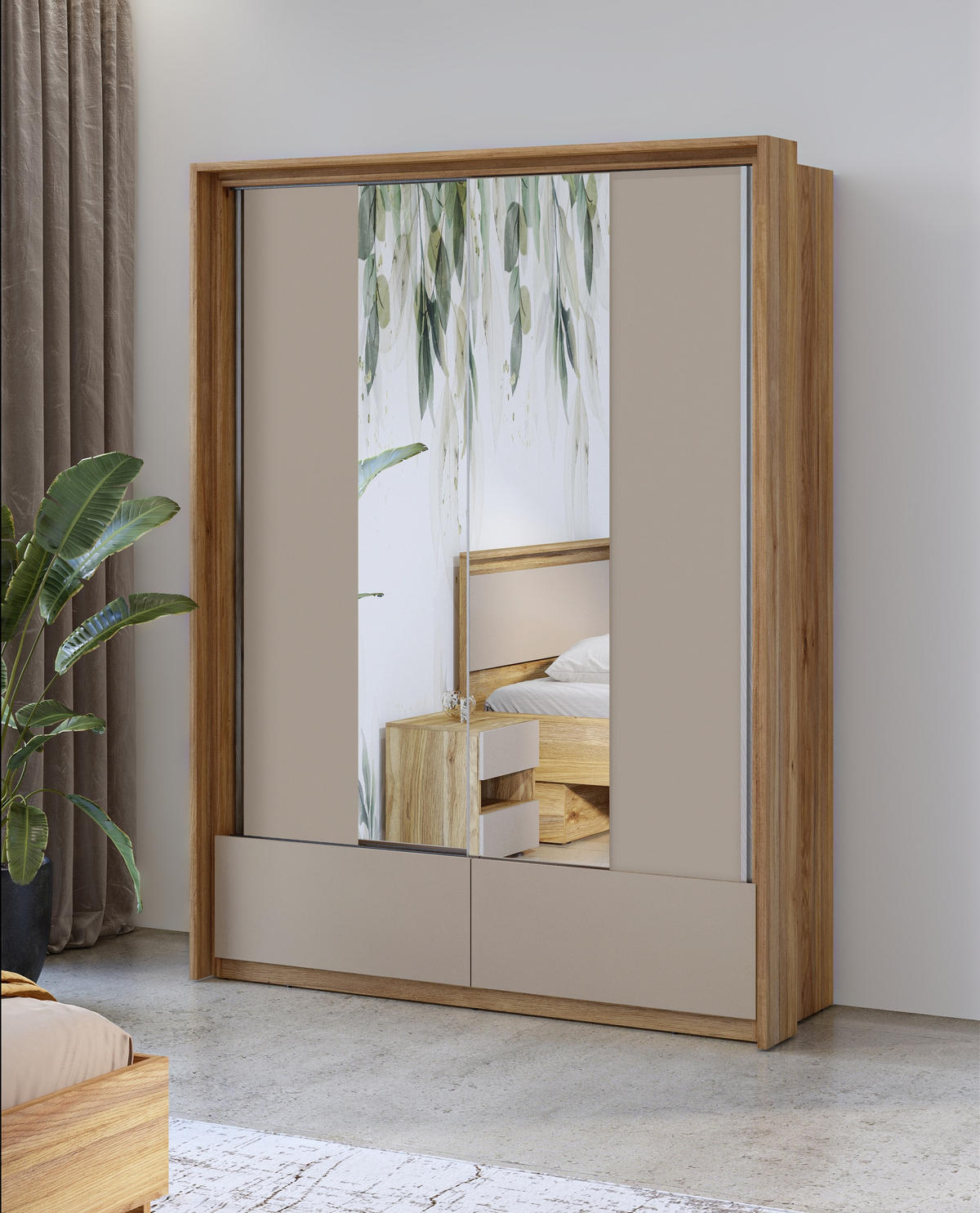 SCHWEBETÜRENSCHRANK PRESARO 159,1/219/62,9 cm 2-türig mit Spiegel Eiche Mauvella - Eichefarben/Beige, Holzwerkstoff (159.1/219/62.9cm) - MASSENO