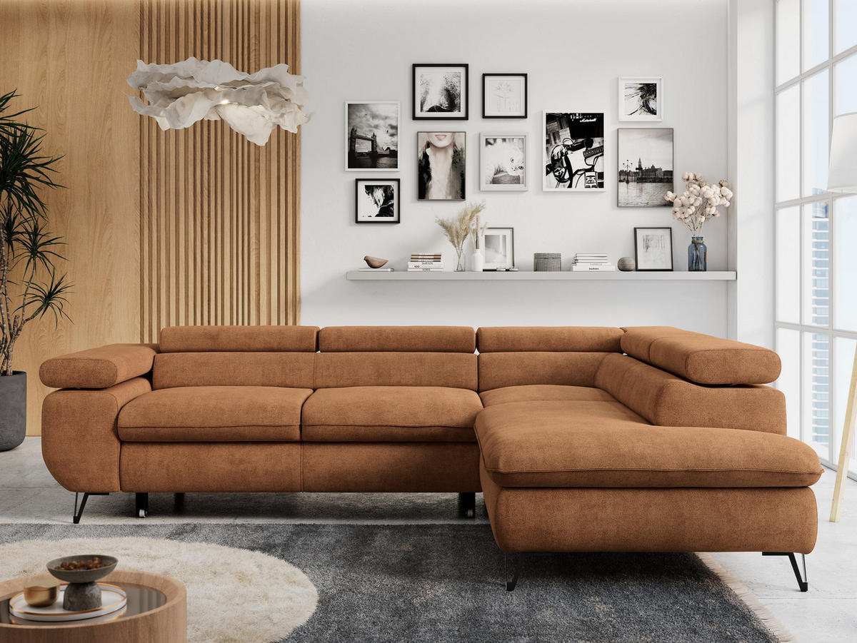 ECKSOFA PETER L Orange Struktur - Rechts Seite - Schwarz/Orange, Textil/Metall (273/208cm) - MKS