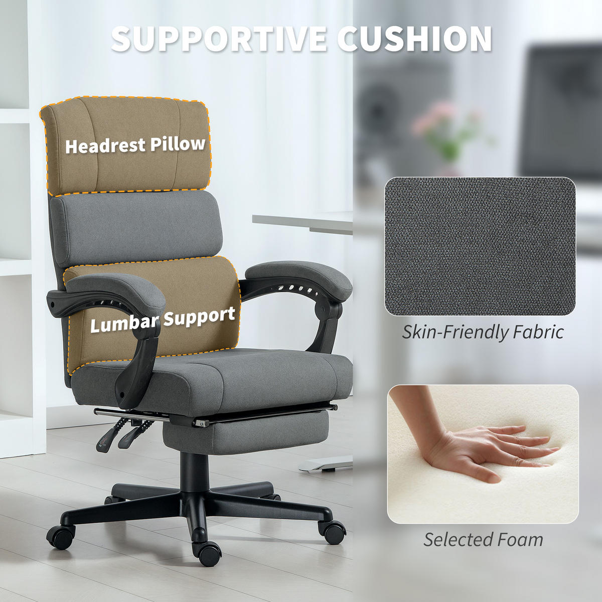 BÜROSTUHL, Ergonomischer Schreibtischstuhl mit Samt-Optik Fußstütze Dunkelgrau - Dunkelgrau, Textil (56/115/68.5cm) - HOMCOM