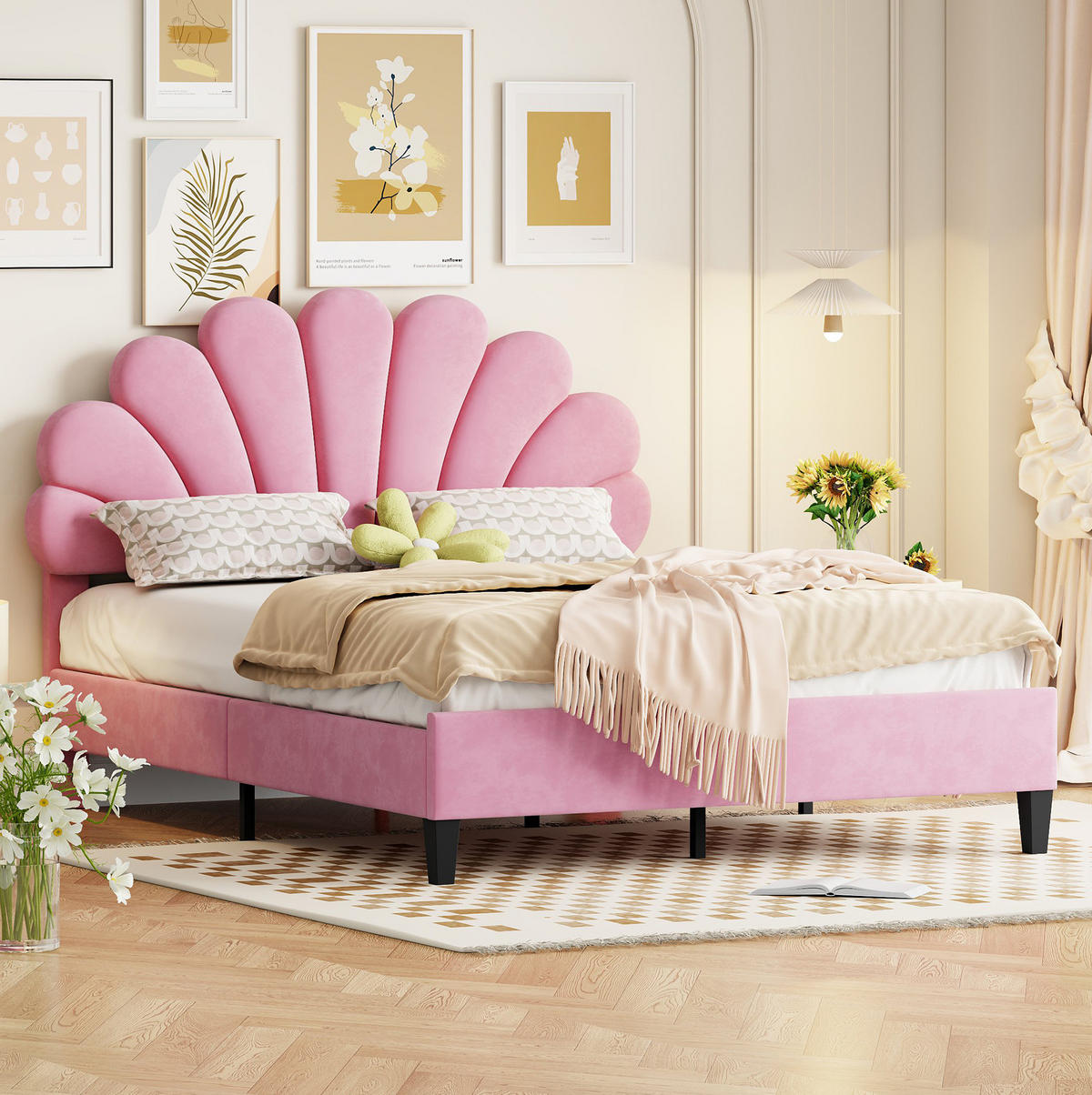 POLSTERBETT 140/200 cm Pink mit Blumen-Kopfteil aus Samt inkl Lattenrost - Rosa, Textil (140/200cm) - OKWISH